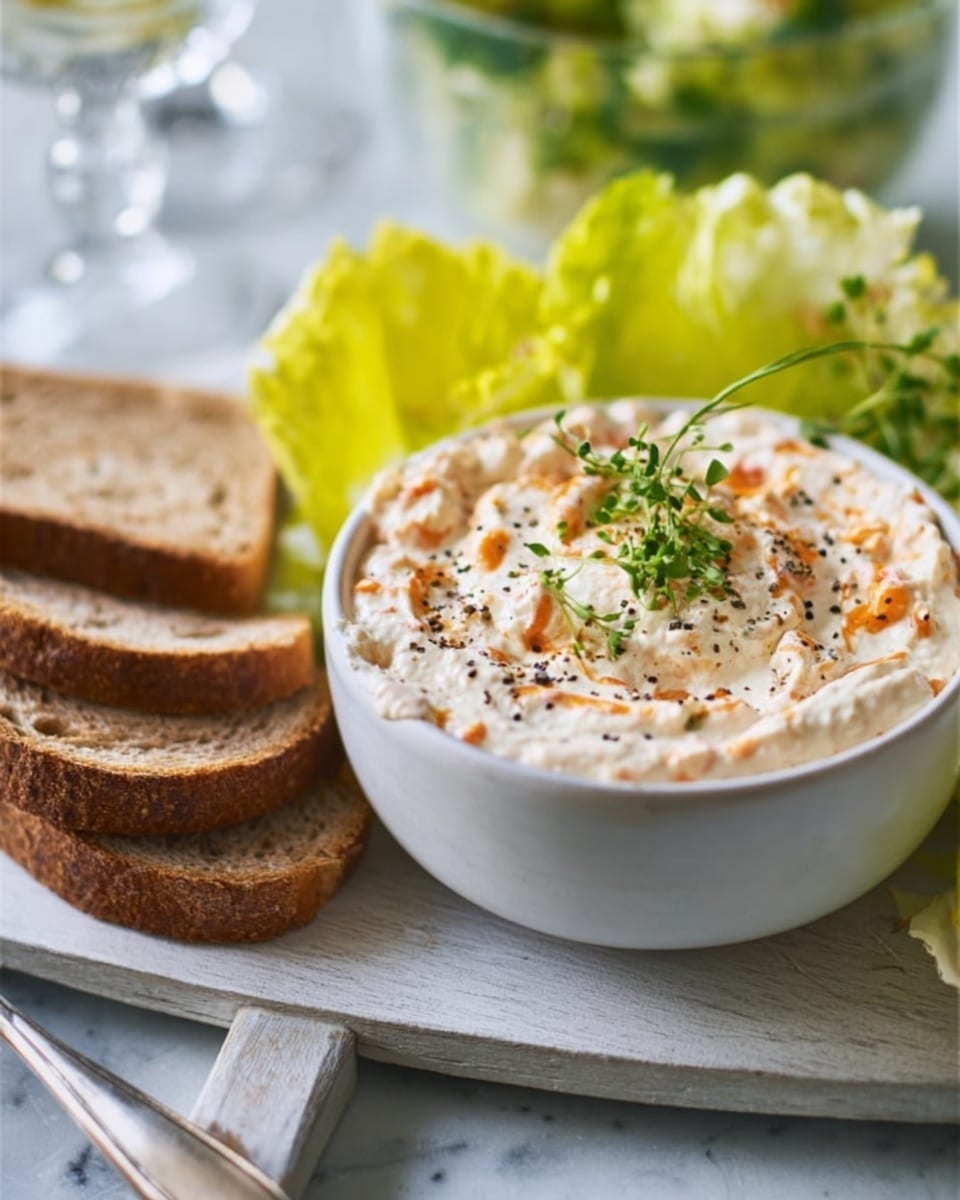 The image shows a white bowl filled with a creamy, light beige spread topped with black pepper and small green herb sprigs, with a silver knife resting inside the bowl on the side. The bowl sits on a wooden board placed on a white marbled surface, beside three slices of dark brown bread standing upright on the left and some green leafy garnish on the right. A glass bowl with a green salad is partially visible behind the garnish. Photo taken with an iphone --ar 4:5 --v 7