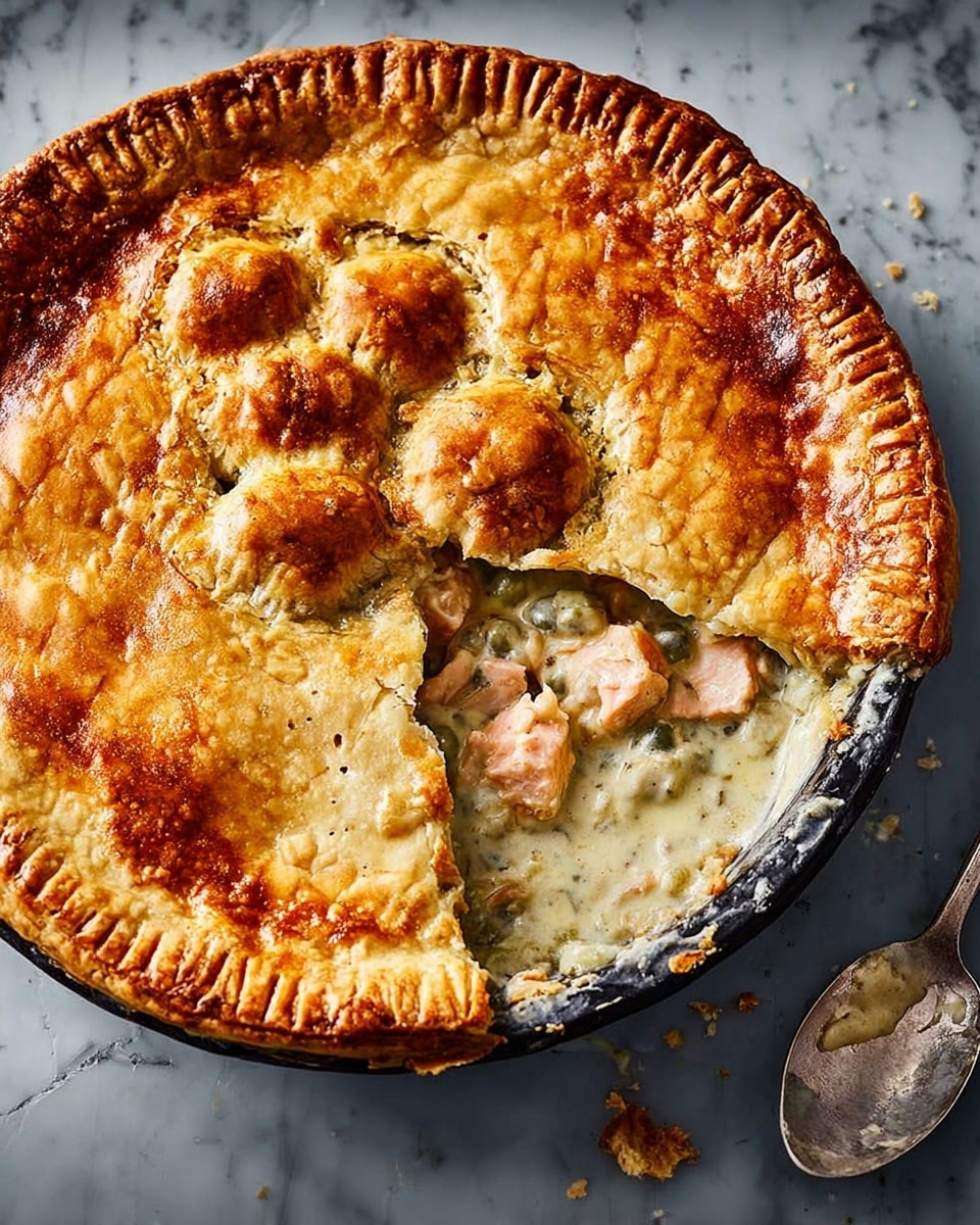 A golden brown baked pie with a top crust that has a rough, cracked texture and small round dough pieces arranged in a cluster near the center. The edges of the crust are crimped with fork marks all around. One slice is cut out, revealing a creamy, pale yellow filling mixed with chunks of pinkish salmon inside a dark pie dish, sitting on a white marbled surface. There is some melted cheese that looks slightly browned on the left side of the dish. Photo taken with an iphone --ar 4:5 --v 7