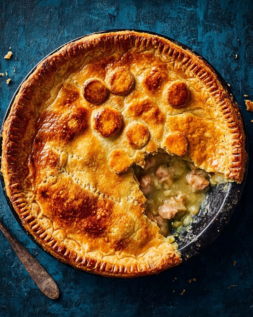 A round chicken pot pie with a golden brown crust sits on a dark surface, the top crust slightly cracked and decorated with a cluster of small round dough pieces in the center. One slice is missing, showing a creamy yellow filling with chunks of pink chicken inside the black baking dish. The crust edges are crimped with fork marks giving texture. Next to the pie is a metal slotted spoon with some melted crust remnants. photo taken with an iphone --ar 4:5 --v 7