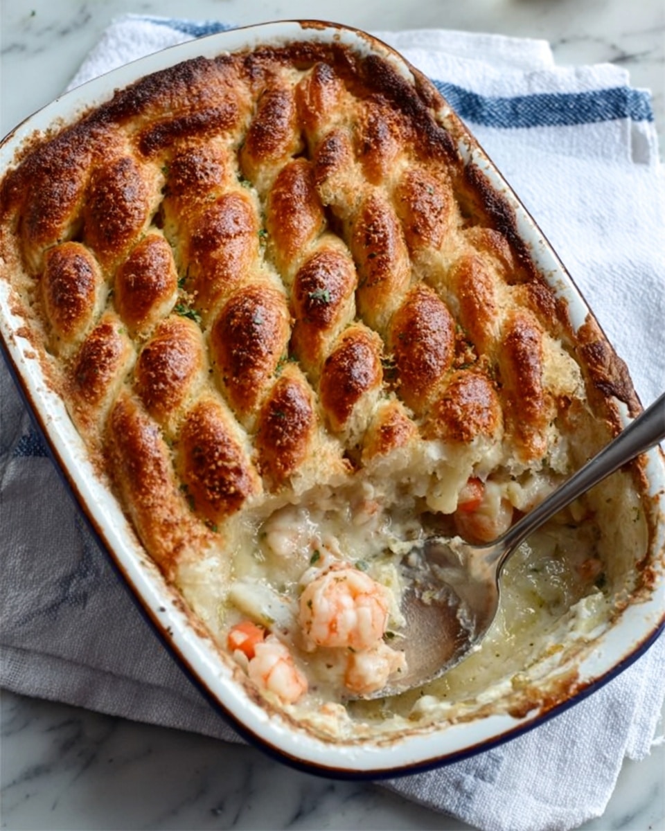 The dish shows a baked casserole in a white ceramic dish with a blue rim, placed on a white marbled surface with a light blue striped cloth underneath. The casserole has a top layer of golden brown, braided bread with some spots darker from baking, forming neat rows across the dish. Under the bread, the inside layers are creamy white sauce mixed with chunks of light pink seafood, possibly shrimp, and small pieces of green herbs. A silver spoon rests in the dish, scooping out some of the creamy mix and seafood, revealing the soft texture under the crust. Photo taken with an iphone --ar 4:5 --v 7