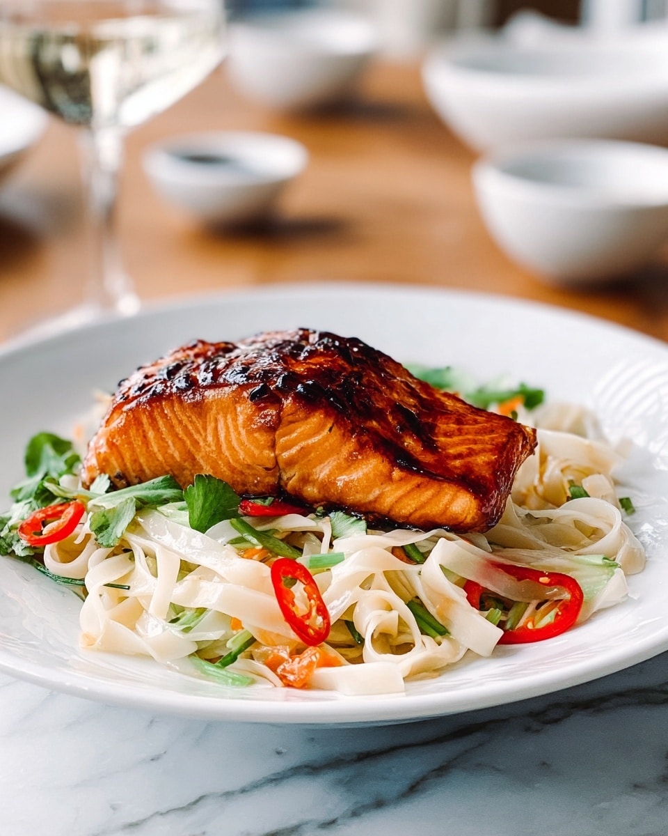 The image shows a single piece of grilled salmon with a shiny, caramelized dark orange-brown glaze on top, placed on a bed of white flat noodles mixed with green leafy vegetables and thin slices of red chili pepper. The noodles and veggies form a soft textured base beneath the smooth, slightly crispy salmon fillet. Everything is served on a white round plate on a white marbled surface. Photo taken with an iphone --ar 4:5 --v 7