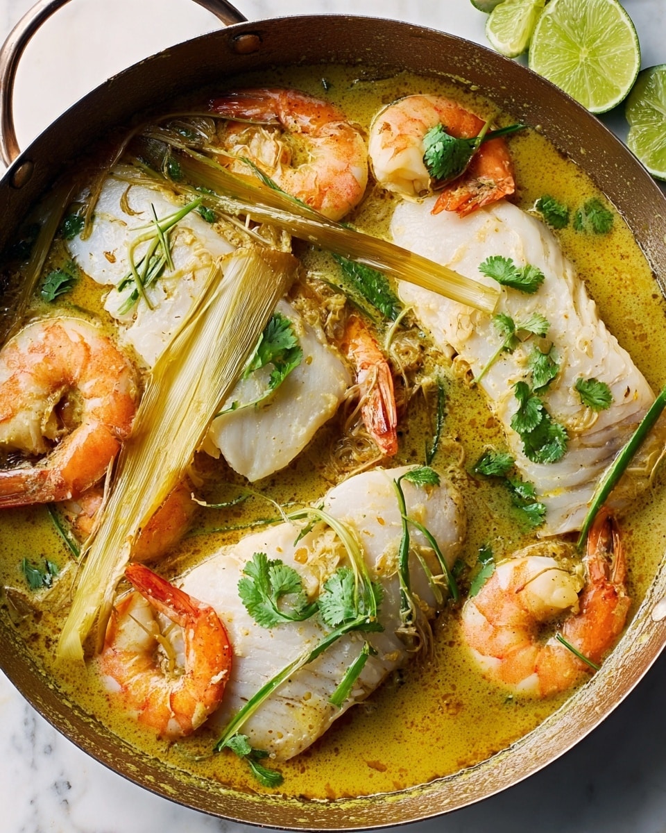 A pan filled with a yellowish creamy broth contains several pieces of white fish fillets and whole orange shrimp with heads and shells. Fresh green herb leaves, likely cilantro, are scattered on top, adding a pop of color. A piece of lemongrass is visible in the center, partially submerged. The pan rests on a white marbled surface, with lime slices peeking in from the side. Photo taken with an iphone --ar 4:5 --v 7
