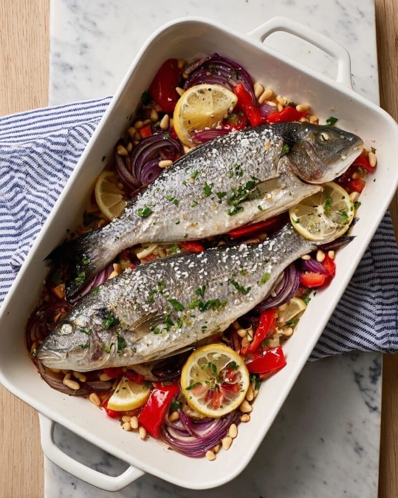 Italian Baked Sea Bass with Roasted Peppers, Lemon, and Olives Recipe