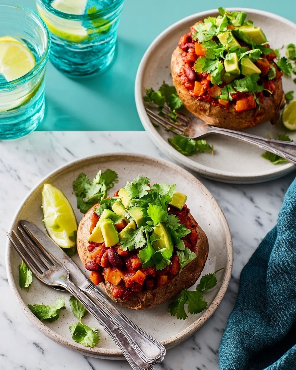 Two cooked baked potatoes sit on two white plates with a dark blue inner surface, each potato topped with bright red beans and tomato sauce, a layer of small, green avocado chunks, and fresh green cilantro leaves scattered on top. One plate has a wedge of lime next to the potato, and a silver fork rests on the plate's edge. A clear glass of water with a lemon slice is next to the plates on a white marbled surface, along with a pink and white striped cloth. A woman’s hand is holding a fork on the top plate. photo taken with an iphone --ar 4:5 --v 7
