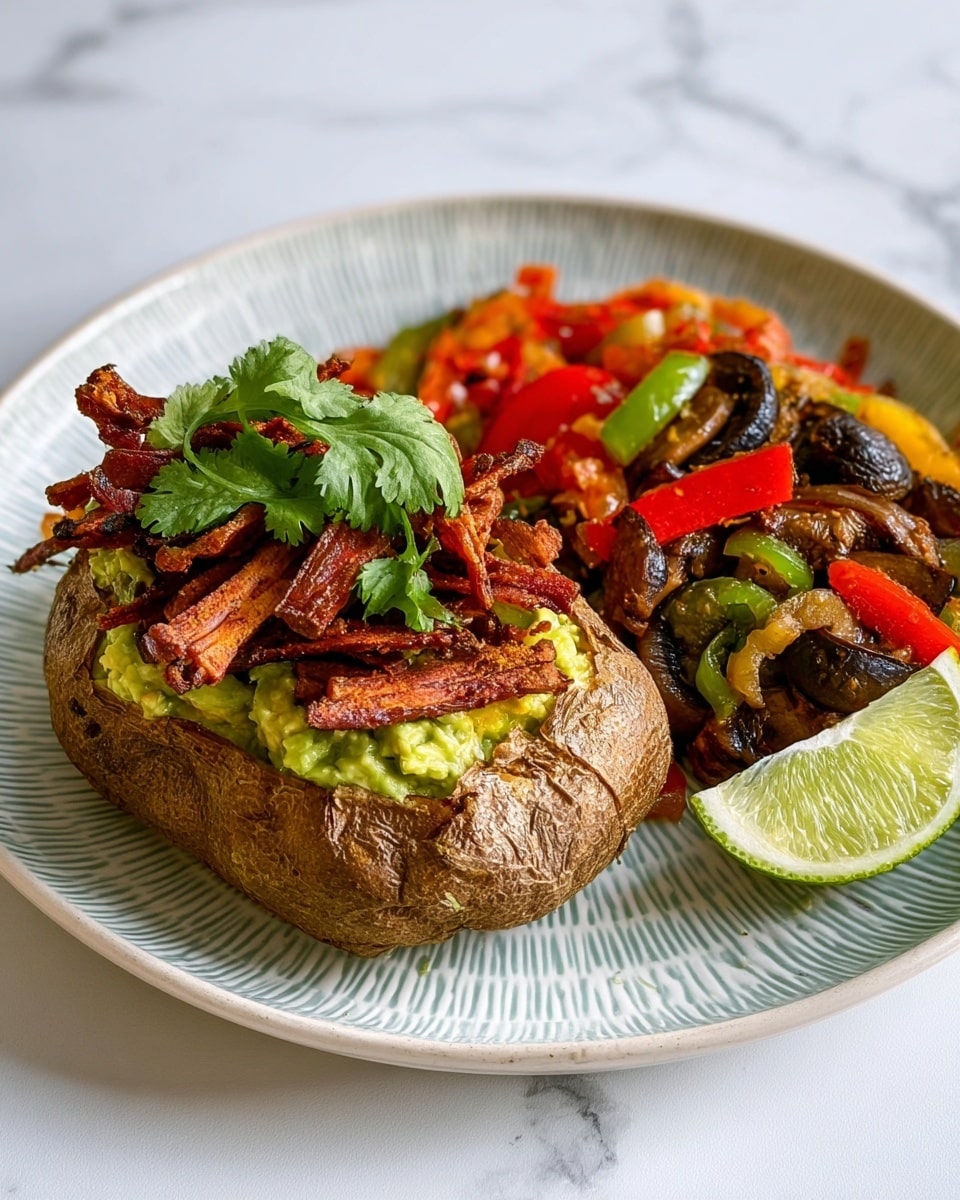 The image shows a white plate with a textured pattern, placed on a white marbled surface. On the left side of the plate is a baked potato with a rough brown skin, split open and filled with green guacamole and topped with crispy reddish-brown strips, garnished with bright green cilantro leaves. On the right side, there is a colorful mix of cooked vegetables including green beans, sliced green bell peppers, dark brown mushrooms, and chunks of red tomatoes, all slightly glossy from cooking. A lime wedge sits on the white marbled surface next to the plate. Photo taken with an iphone --ar 4:5 --v 7