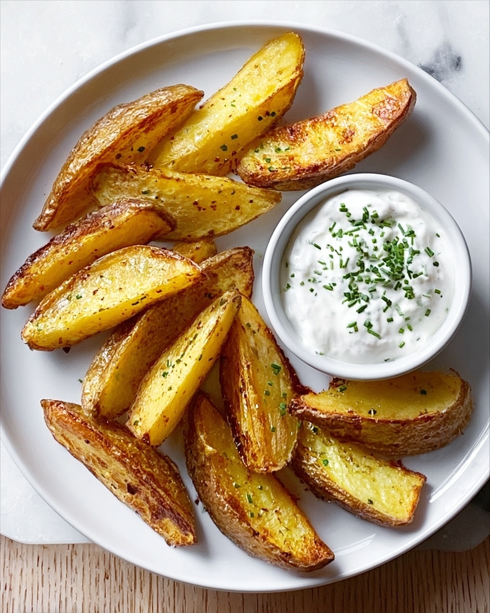 A white plate holds a serving of golden brown potato wedges, each wedge showing crispy browned edges with a soft yellow inside. The potato wedges are arranged around a small white bowl filled with creamy white sauce topped with finely chopped green herbs. The plate is set on a white marbled surface, adding a clean contrast to the warm colors of the food. Photo taken with an iphone --ar 4:5 --v 7
