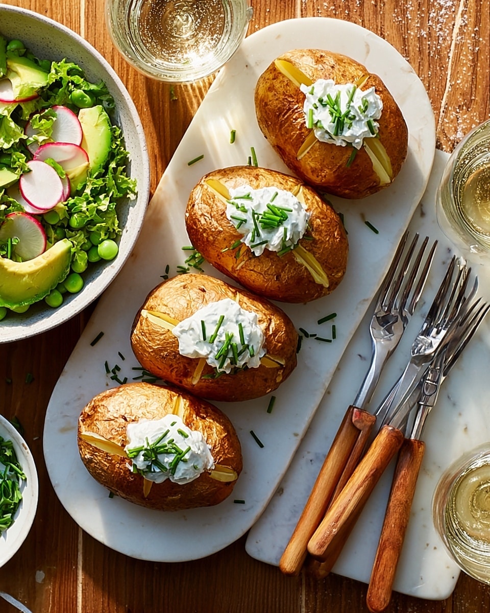 A white oval plate holds six baked potatoes arranged neatly, each with a crispy golden-brown skin and a cross cut on top. Five of the potatoes are topped with a dollop of white sour cream garnished with green herbs, creating a fresh contrast. The plate is set on a white marbled surface that looks clean and bright. To the left, there is a large white salad bowl filled with fresh greens, green beans, and thinly sliced radishes, with a silver serving spoon resting inside. On the right side of the plate, there are four forks with wooden handles lined up parallel to each other. Nearby, a clear glass with a light-colored drink is partly visible. The scene is well-lit and inviting, photo taken with an iphone --ar 4:5 --v 7