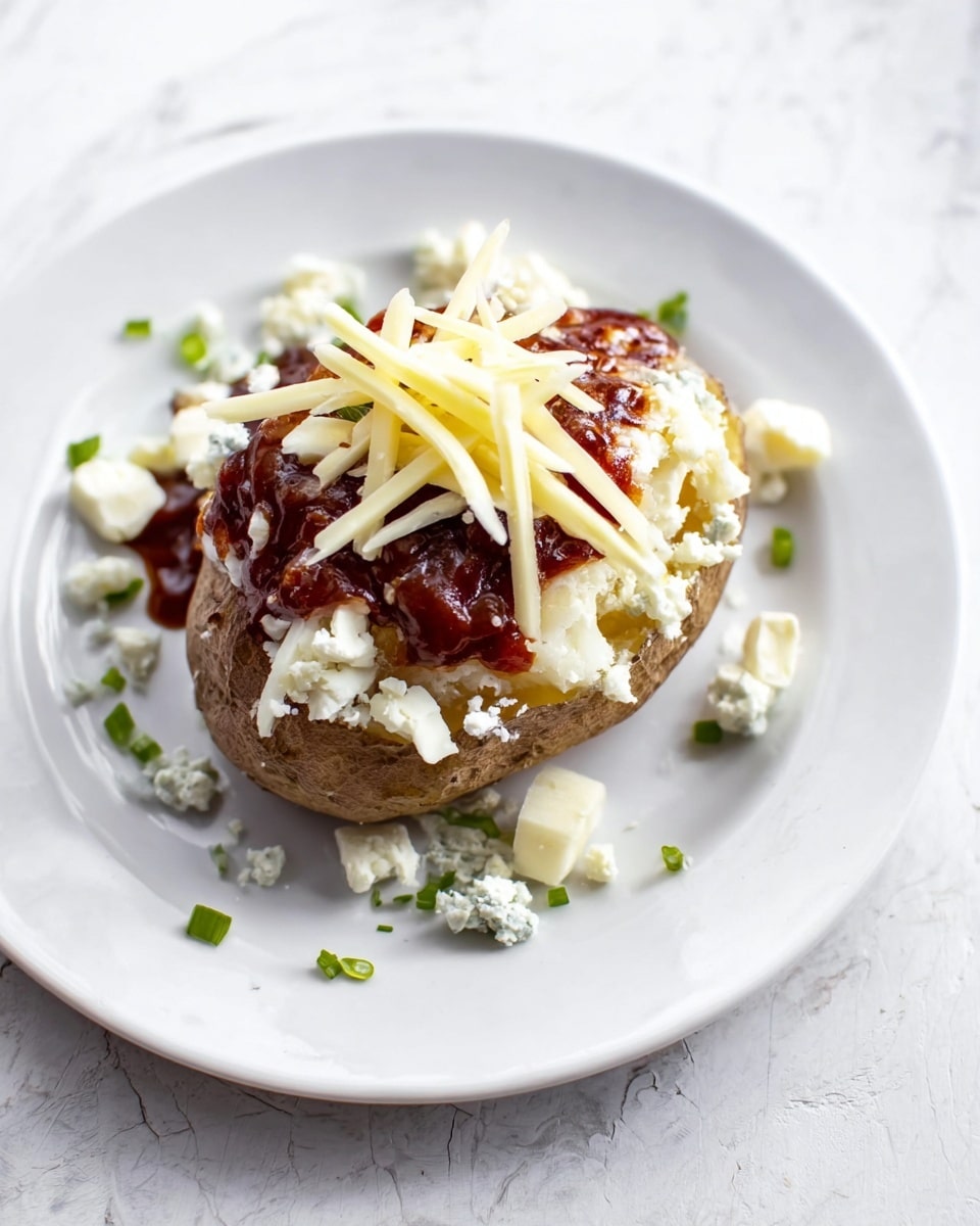 A baked potato sits in the center of a white plate on a white marbled surface, split open to reveal its soft inside. The first layer is the potato skin, brown and slightly rough. Inside, there is a layer of white, fluffy potato flesh topped with crumbled white cheese. On top of the cheese is a small pile of thin, pale yellow cheese strips. Over everything is a reddish-brown chunky sauce or chutney. Small green chopped herbs and finely chopped green onions are scattered around the potato. The scene is clean and bright, focusing closely on the layers and colors of the dish. Photo taken with an iphone --ar 4:5 --v 7