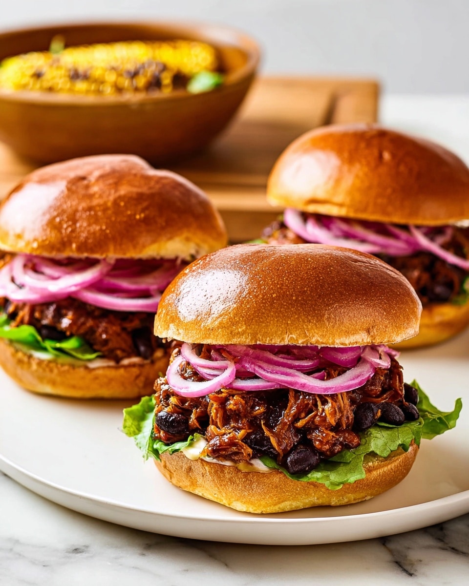 Three sandwiches are shown on a white plate set on a wooden table with a white marbled background. Each sandwich has a shiny, smooth, brown top bun. Underneath the top bun, thin purple rings of red onion lay on a layer of brown shredded meat mixed with dark beans. Below the meat, there are fresh green lettuce leaves. The bottom bun is soft and light brown, supporting the layers above. Photo taken with an iphone --ar 4:5 --v 7