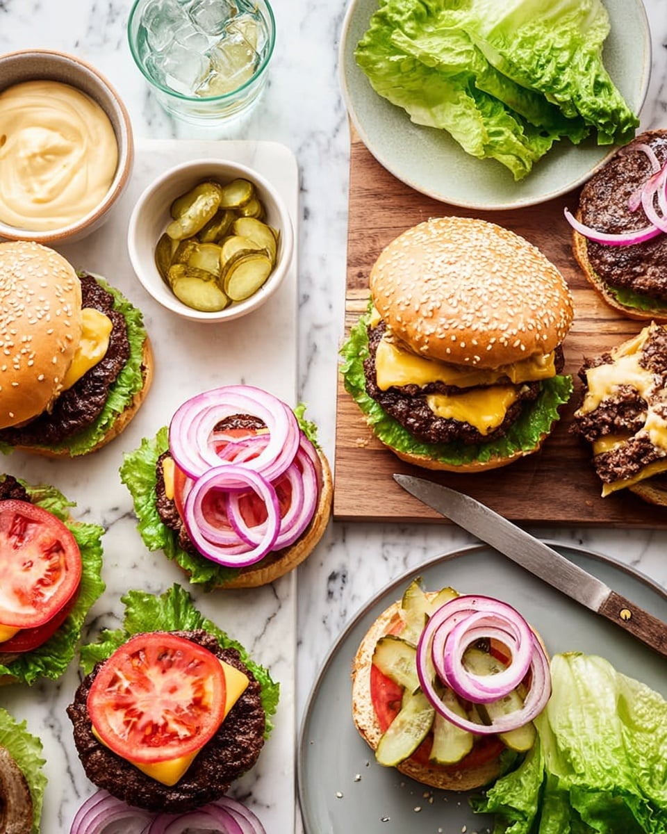 The image shows several cheeseburgers in different stages of being made on a white marbled surface. One burger fully assembled has a sesame seed bun top with two slices of red onion, green lettuce, melted yellow cheese, a grilled beef patty, and a slice of red tomato at the bottom. Another burger without the top bun shows layers of green lettuce, a thick beef patty, and red onion rings on a light-colored bottom bun. A third burger has a layer of green lettuce, sliced red tomato, beef patty, some sauce, but no top bun. Around the burgers are white bowls filled with sliced pickles, sliced red onions, and a creamy sauce. A wooden cutting board with a sesame seed bun and a sharp knife rests in the center, and a white bowl of fresh green lettuce is on the side. Everything is arranged neatly with bright natural light. Photo taken with an iphone --ar 4:5 --v 7