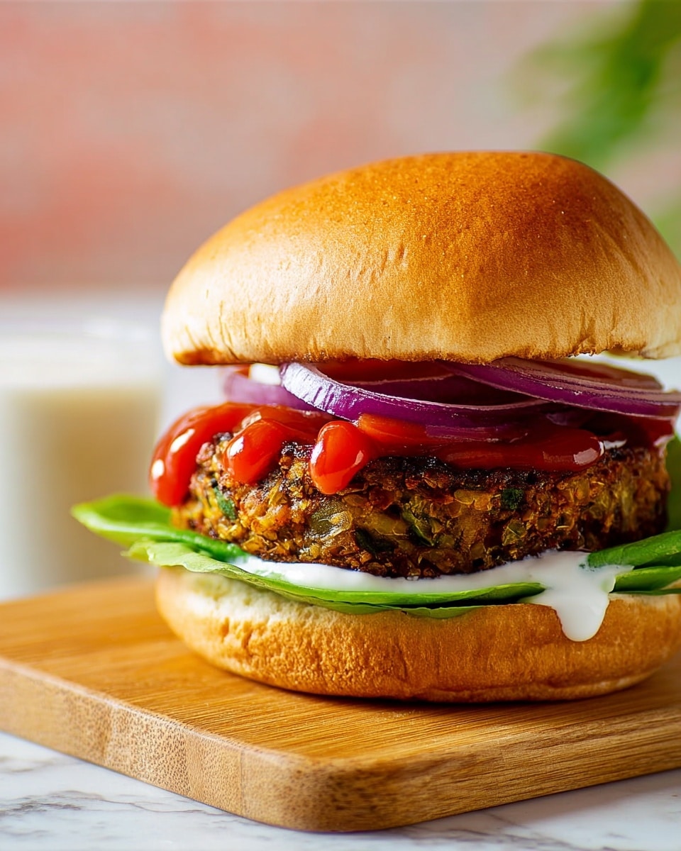 The image shows a close-up of a veggie burger on a wooden cutting board with a white marbled texture in the background. The burger has three main layers inside a soft, shiny, golden-brown bun. The bottom bun is topped with a smooth layer of white mayo, followed by fresh, bright green leafy lettuce. On top of the lettuce is a thick, textured veggie patty with visible bits of green and brown. Above the patty are a few rings of crisp purple onion. The burger is finished with a dollop of red ketchup just below the top bun, which is round and slightly domed, matching the bottom in texture and color. Photo taken with an iphone --ar 4:5 --v 7