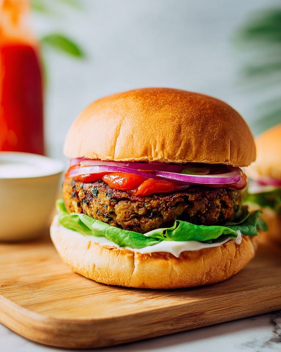 A burger with a shiny, golden brown top bun resting on layers below. Starting from the bottom, a soft light brown bun holds a thick layer of white mayonnaise. Above that is a fresh green lettuce leaf with visible veins. Next sits a thick, textured veggie patty that is golden brown with green specks. On top of the patty are two rings of bright purple onion, slightly shiny. A dollop of bright red ketchup sits over the onions, and the golden brown top bun completes the stack. The burger is placed on a wooden cutting board with a blurred background of a red sauce bottle and light colors, all set on a white marbled surface. photo taken with an iphone --ar 4:5 --v 7