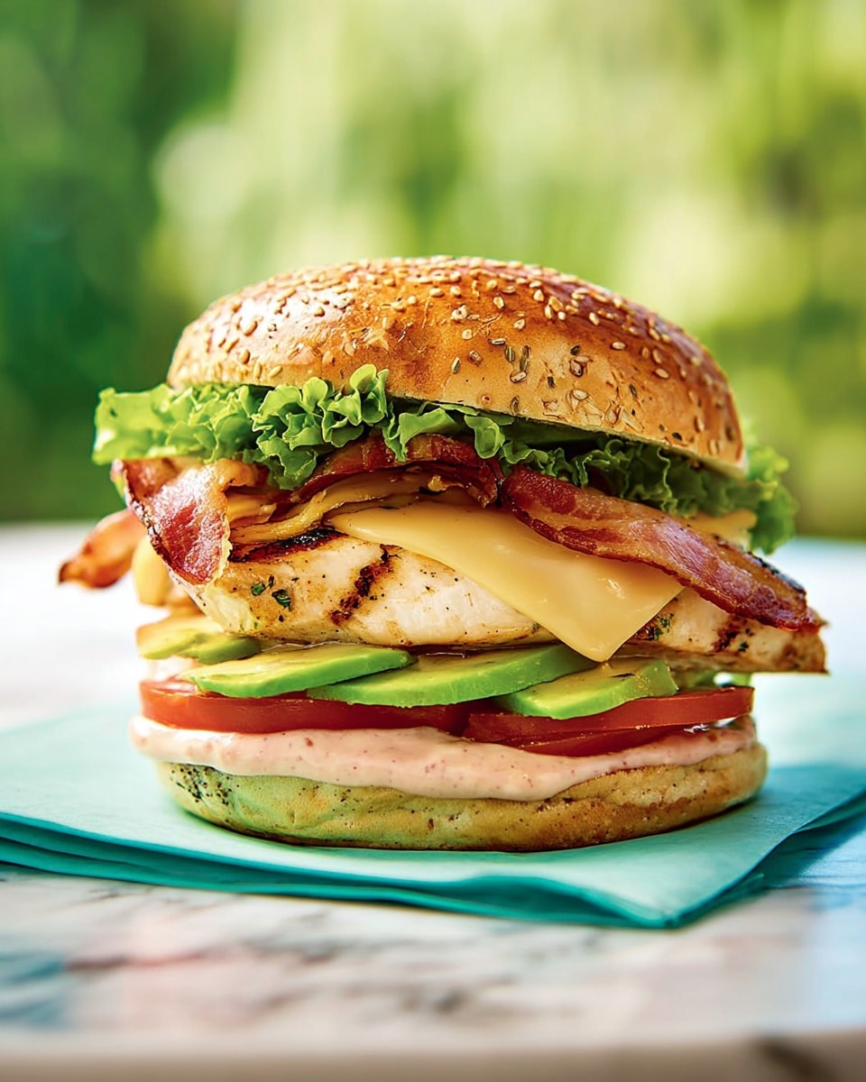 A close-up view of a chicken burger placed on a light blue cloth on a white marbled surface, showing four main layers. At the bottom is a grilled burger bun with a light golden-brown color and slight grill marks, topped with light orange sauce that is dripping slightly over two green avocado slices and a bright red tomato slice. Above the tomato is a thick, grilled chicken breast with visible grilled lines, then a slice of pale yellow cheese melted onto the chicken. Crispy bacon strips with a reddish-brown color and a green leaf of fresh lettuce sit on top, all covered by a sesame-seed-topped golden-brown bun crown. The background is blurred with light green and yellow shades. photo taken with an iphone --ar 4:5 --v 7