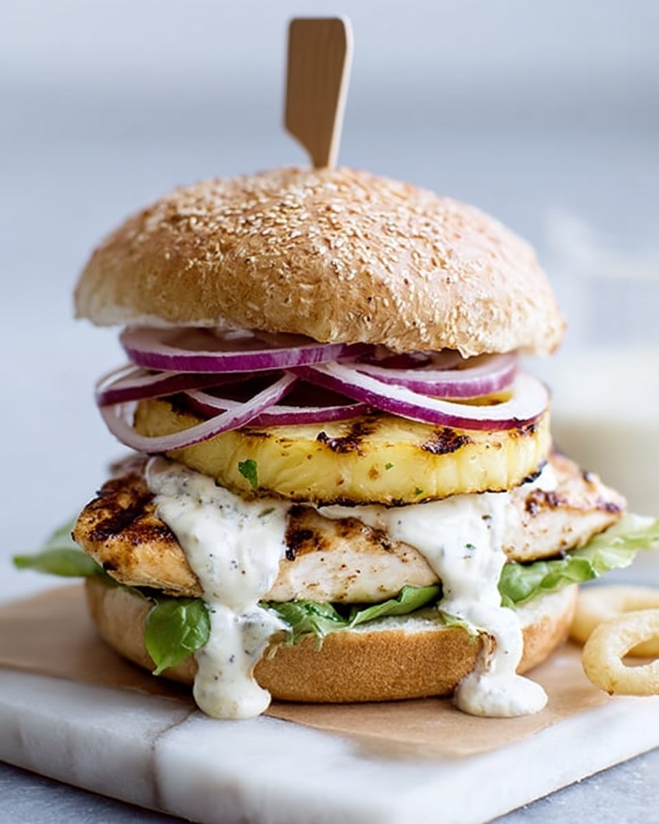 The image shows a sandwich with five visible layers on a white marbled surface. The bottom layer is a sesame seed bun bottom, followed by a fresh, green lettuce leaf. Above the lettuce is a grilled, white fish fillet with light seasoning, topped with a thick slice of grilled pineapple that is pale yellow with char marks. On top of the pineapple are thin rings of purple-red onion, and the sandwich is finished with a sesame seed bun top. Some white sauce drips from the fish onto the surface. The background is softly blurred. Photo taken with an iphone --ar 4:5 --v 7