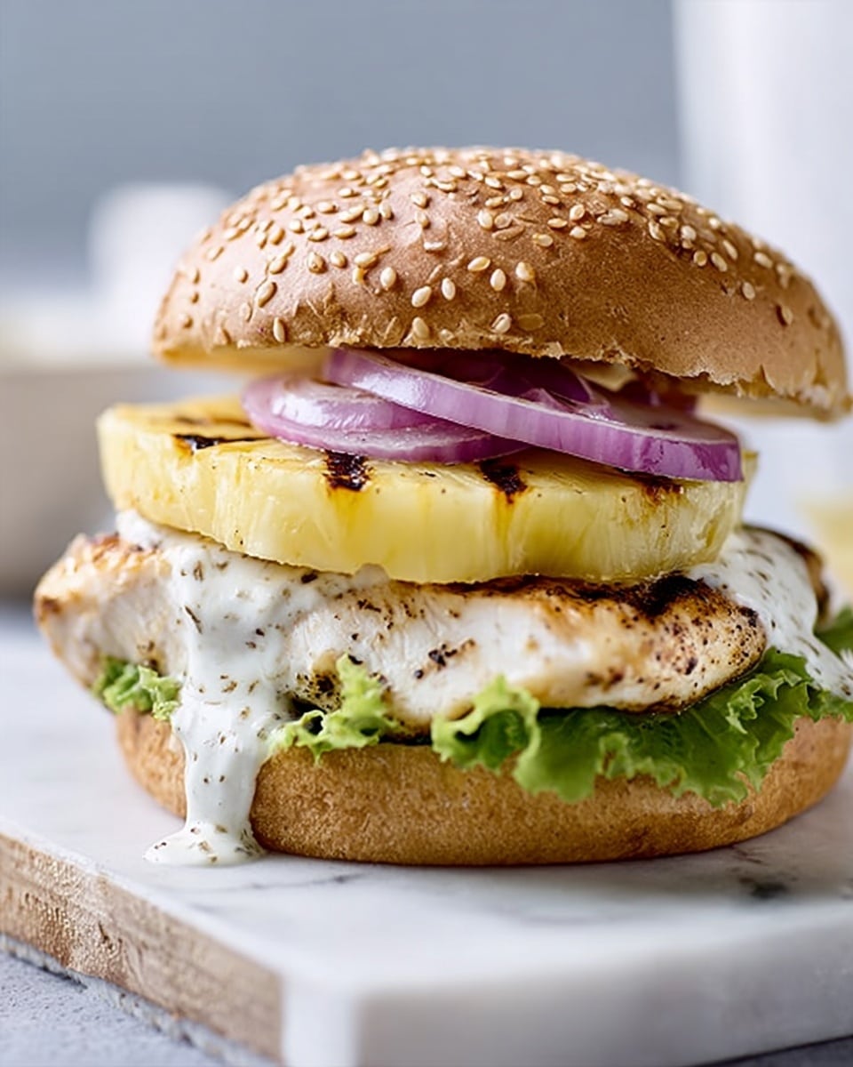 A toasted sesame seed bun sandwich with four clear layers: at the bottom, a layer of green lettuce with a creamy white sauce dripping off the edge; above it, a large piece of grilled chicken breast with visible char marks; on top of the chicken, a thick slice of grilled pineapple with a golden surface; and finally, thin slices of purple onion rings under the top bun. The sandwich is placed on a white marble surface with some scattered onion slices around it, held together with a wooden skewer. Photo taken with an iphone --ar 4:5 --v 7