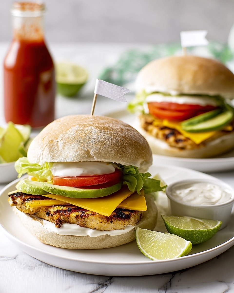Two chicken burgers are on white plates with a white marbled textured surface underneath. Each burger has a white bun with a light fluffy texture, a grilled chicken patty with a golden-brown color, bright yellow cheese slices layered on the patty, two red tomato slices, and fresh green lettuce leaves on top. One burger has a small white flag stuck in the bun, and there is a small cup of white sauce with a smooth texture and two lime wedges next to the back plate. In the background, a clear glass bottle with red sauce is slightly blurred. Photo taken with an iphone --ar 4:5 --v 7