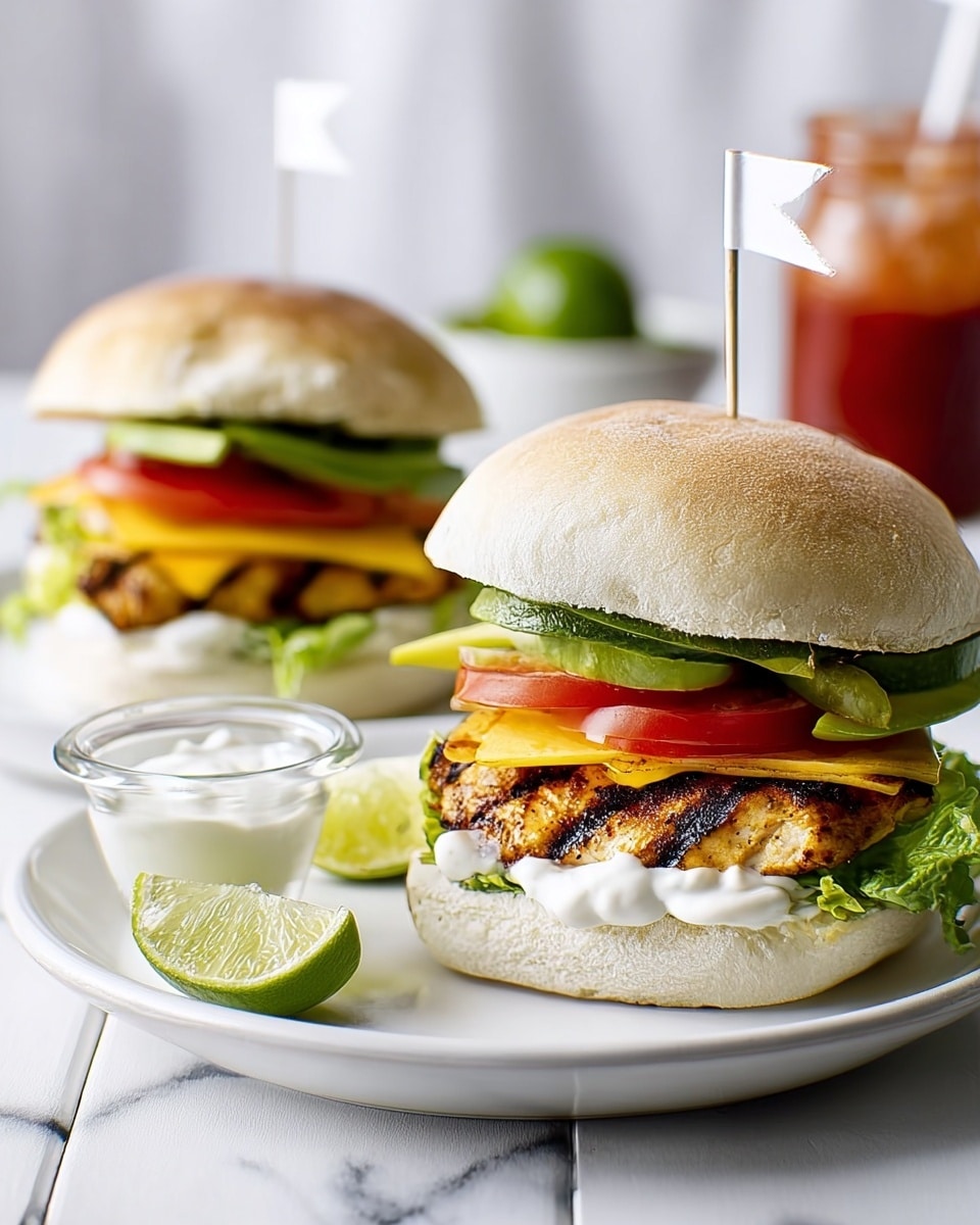 The image shows two grilled chicken burgers on white plates, each with a white flag toothpick on top. Each burger has four visible layers: a soft, light beige bun on top, bright green leafy lettuce, two slices of red tomato, and yellow cheese slices resting on a grilled chicken patty with char marks. Below the patty is the light beige bottom bun. On the white marbled surface behind the burgers, there is a small white container of white sauce and two lime wedges, with a glass bottle of red sauce in the background. A woman's hand is holding one burger on the left. The photo is taken with an iphone --ar 4:5 --v 7