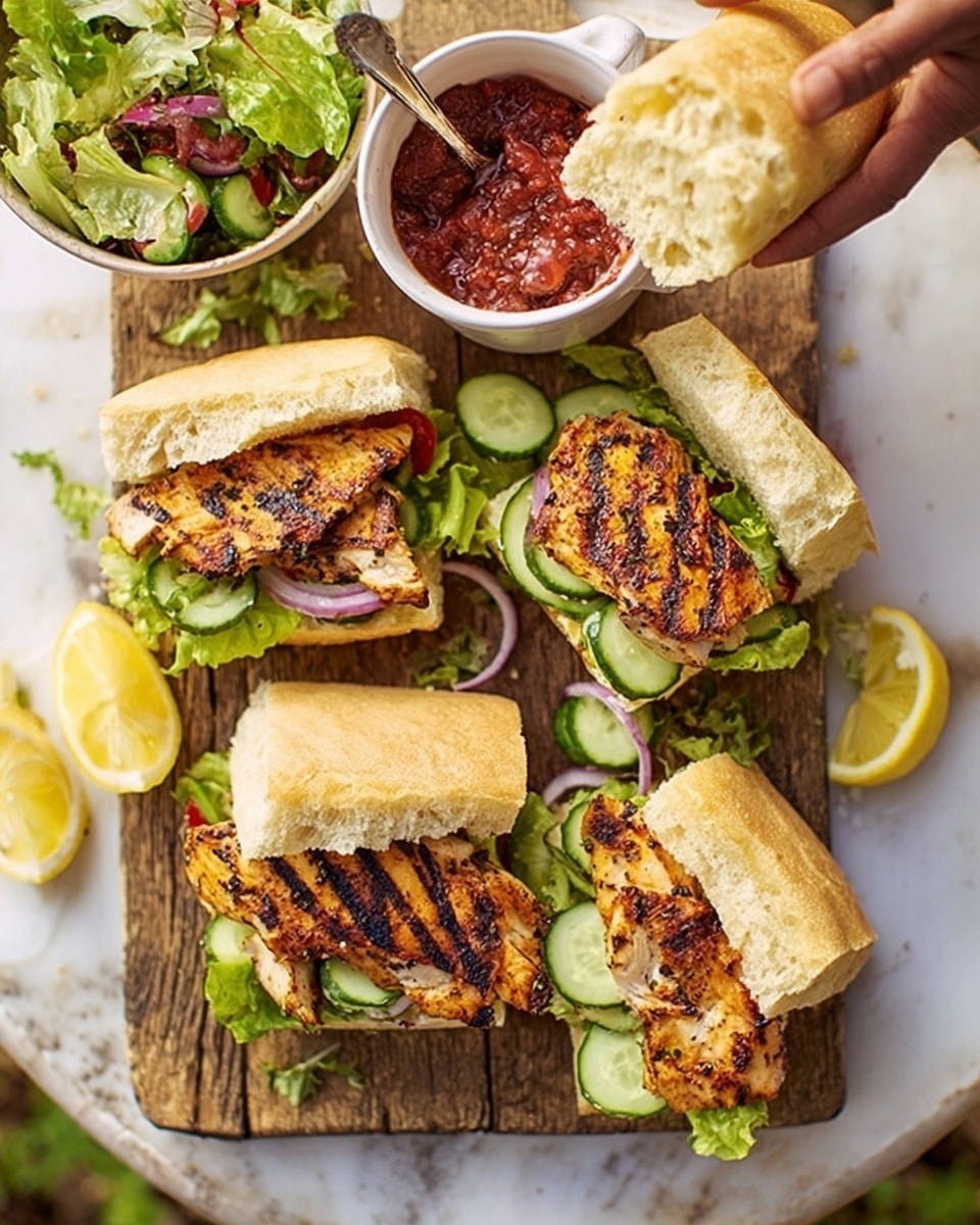 The image shows three grilled chicken sandwiches placed on a wooden board. Each sandwich has a base layer of white ciabatta bread, a layer of green lettuce, thin slices of cucumber, red onion rings, and a grilled chicken breast with visible char marks on top. The sandwiches are open-faced, with the top piece of bread either on the side or partly covering the filling. Next to the sandwiches, there is a white bowl filled with fresh green salad and a white mug containing a chunky reddish-brown sauce, likely salsa or chili. Lemon wedges are scattered around the board. The background is a white marbled texture. Photo taken with an iphone --ar 4:5 --v 7