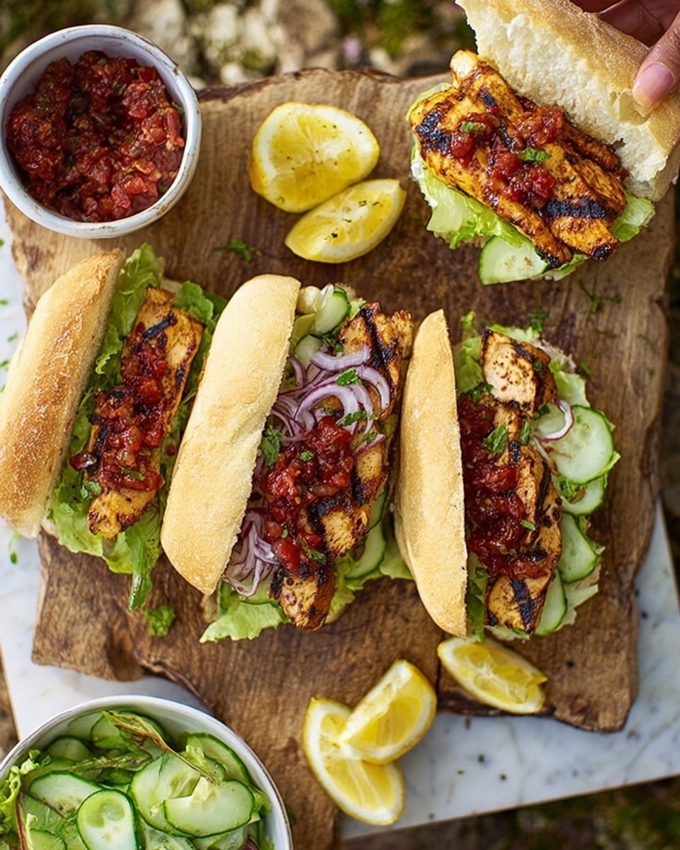 The image shows three grilled chicken sandwiches on a wooden board placed over a white marbled surface. Each sandwich has three visible layers: the bottom layer is the white sandwich bread bun, followed by a layer of green lettuce and thin slices of cucumber; the next layer is the grilled chicken breast with dark grill marks, topped with red salsa and thin slices of purple onion. To the side, there is a white bowl filled with mixed green lettuce and cucumber slices, and a white cup with dark red salsa containing visible diced tomatoes and herbs. Lemon wedges are scattered around on the board. A woman's hand is holding one sandwich at the top right corner. photo taken with an iphone --ar 4:5 --v 7