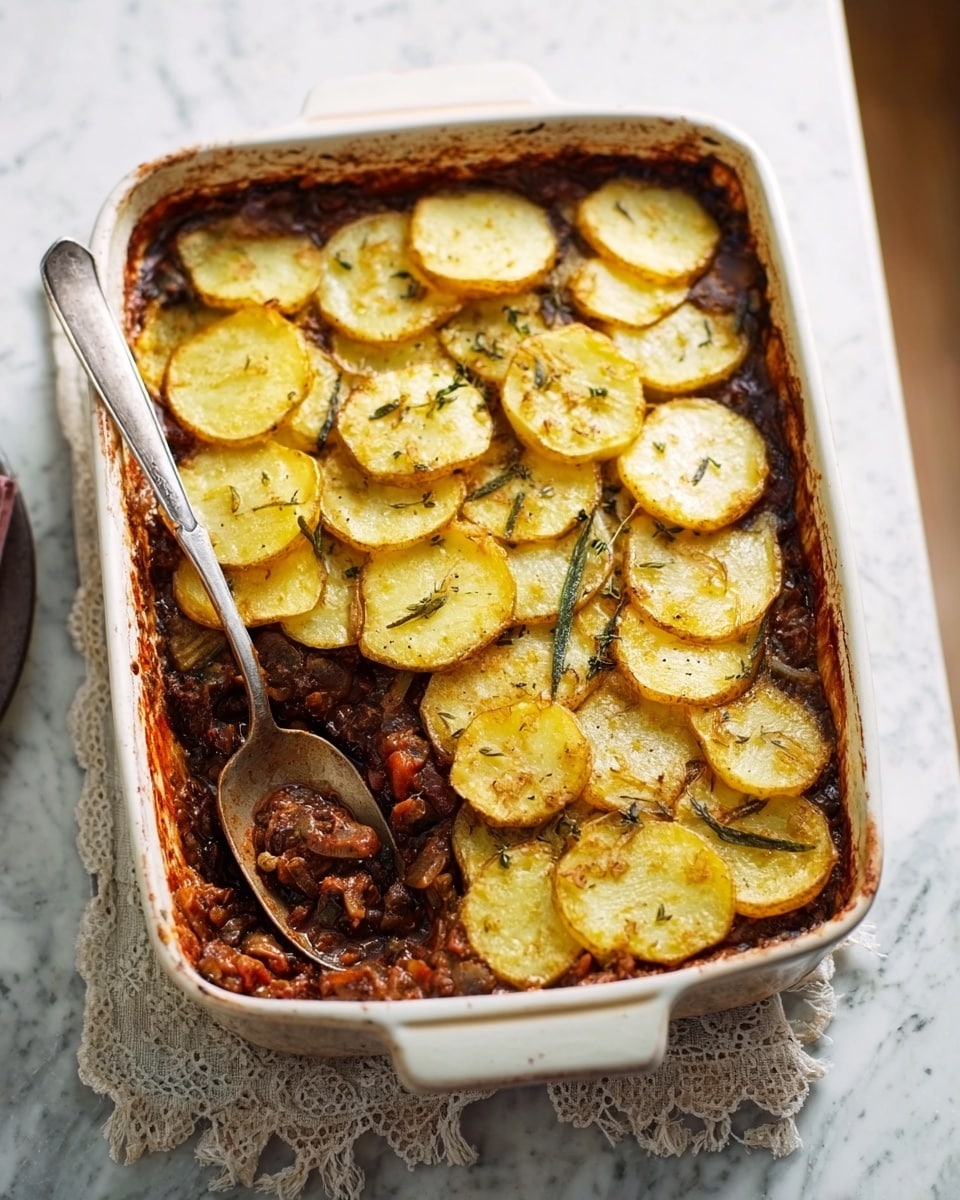 The image shows a white rectangular baking dish filled with a layered baked meal. The bottom layer is a rich brown sauce with visible chunks of meat and some red bell pepper slices, showing a thick and hearty texture. On top, there is a single layer of thin, round potato slices with golden edges and some fresh herbs sprinkled over. A large metal spoon rests inside the dish, ready to serve. The dish is placed on a white cloth with a red pattern, on a wooden table with a white marbled texture surface in the background. Photo taken with an iphone --ar 4:5 --v 7