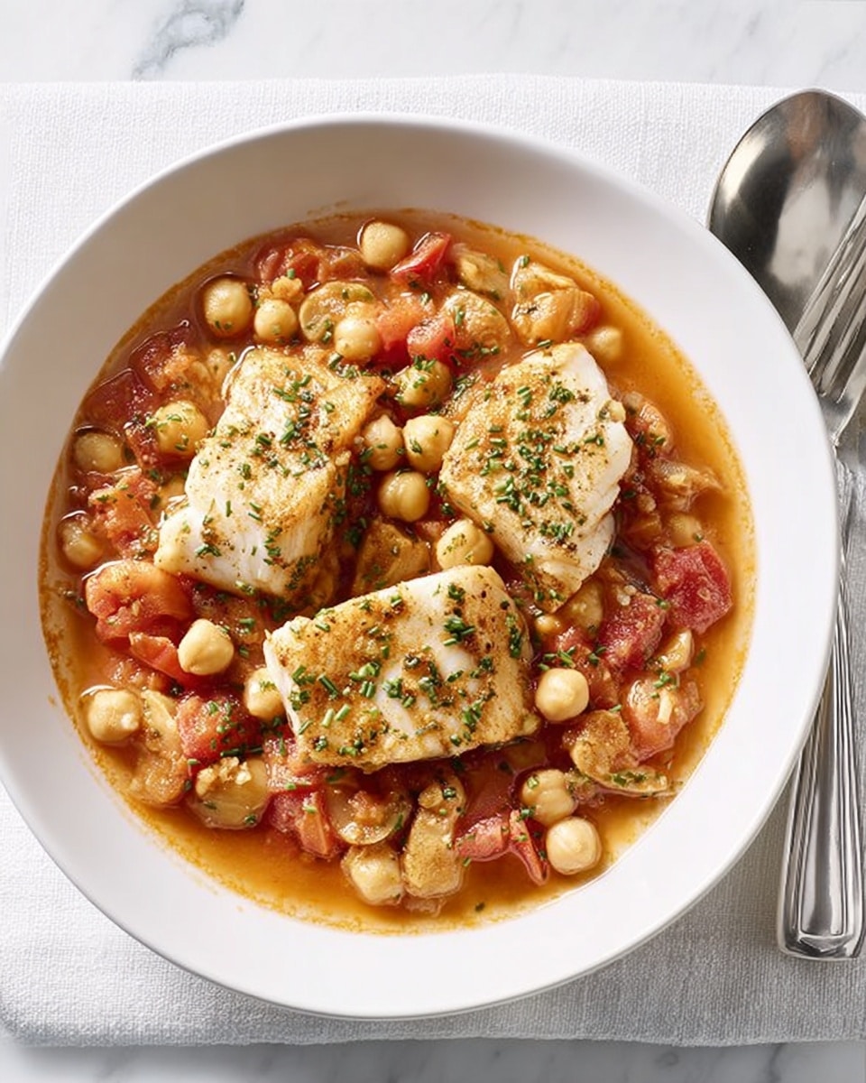 A white bowl filled with a thick stew made of chickpeas, small pieces of white fish, and shrimp all covered in a deep orange-red tomato broth. The stew has some chopped herbs sprinkled on top for garnish. The bowl rests on a white marbled surface with a folded white cloth underneath. To the right of the bowl, there is a spoon and fork side by side on the cloth. Photo taken with an iphone --ar 4:5 --v 7
