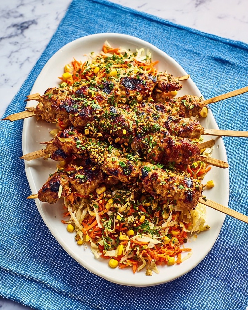 The image shows a white oval plate filled with a bed of shredded orange carrots, pale beige cabbage, and some light brown rice mixed together. On top, there are three wooden skewers with grilled chicken pieces that are golden brown with some darker grill marks. The chicken is sprinkled with chopped green herbs and small seeds, adding a fresh and crunchy texture. The plate is set on a blue cloth on a white marbled surface. photo taken with an iphone --ar 4:5 --v 7