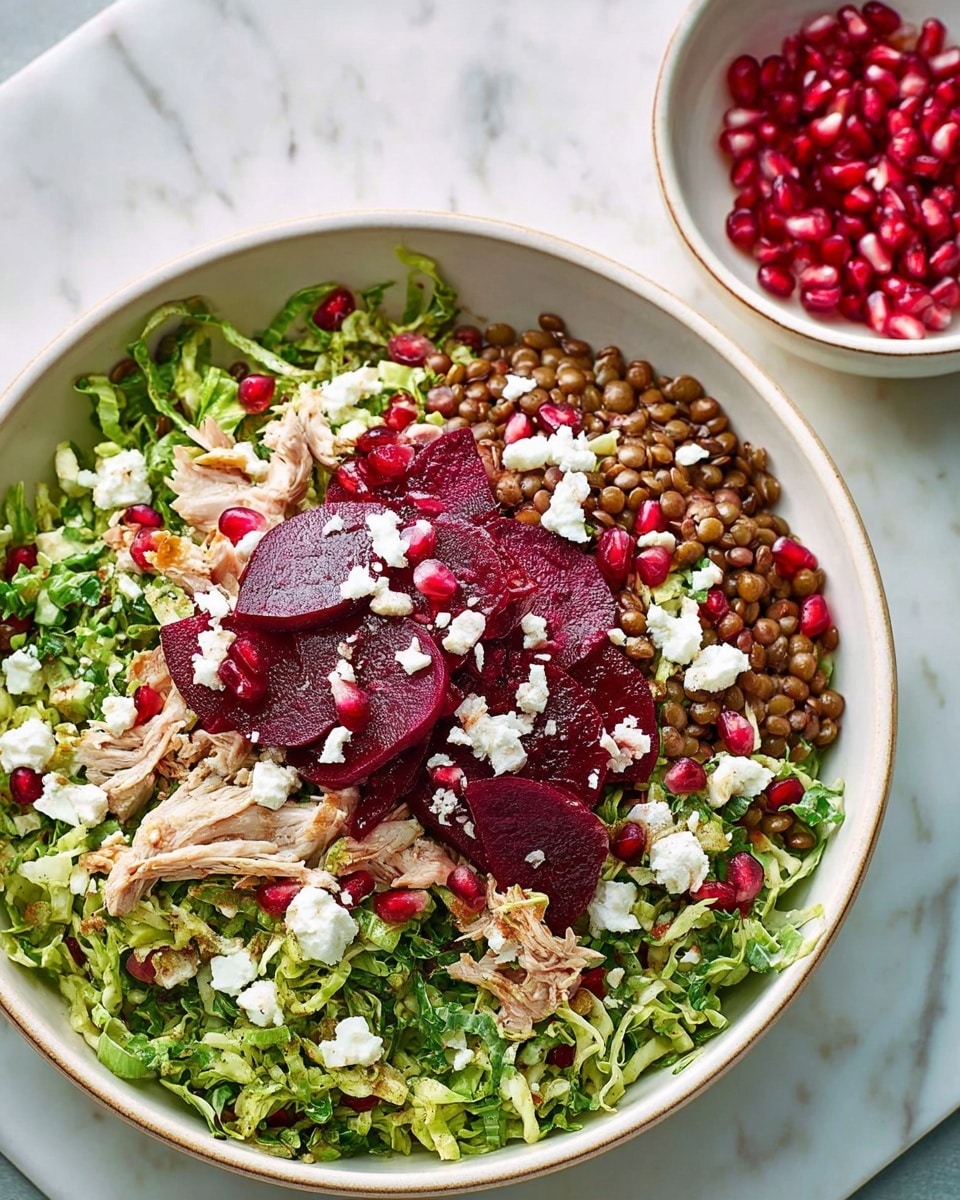 A round white bowl filled with a fresh salad sits on a white marbled surface. The salad has layers starting with green leafy lettuce and herbs at the bottom. On top of that are scattered bits of shredded cooked chicken and dark brown lentils. Large slices of deep purple beetroot lay evenly on the salad, adding a rich color contrast. Bright red pomegranate seeds are spread across the top, along with small chunks of soft white cheese. Sprigs of fresh dill add a delicate touch throughout. Nearby, a small white bowl holds more pomegranate seeds. Photo taken with an iphone --ar 4:5 --v 7