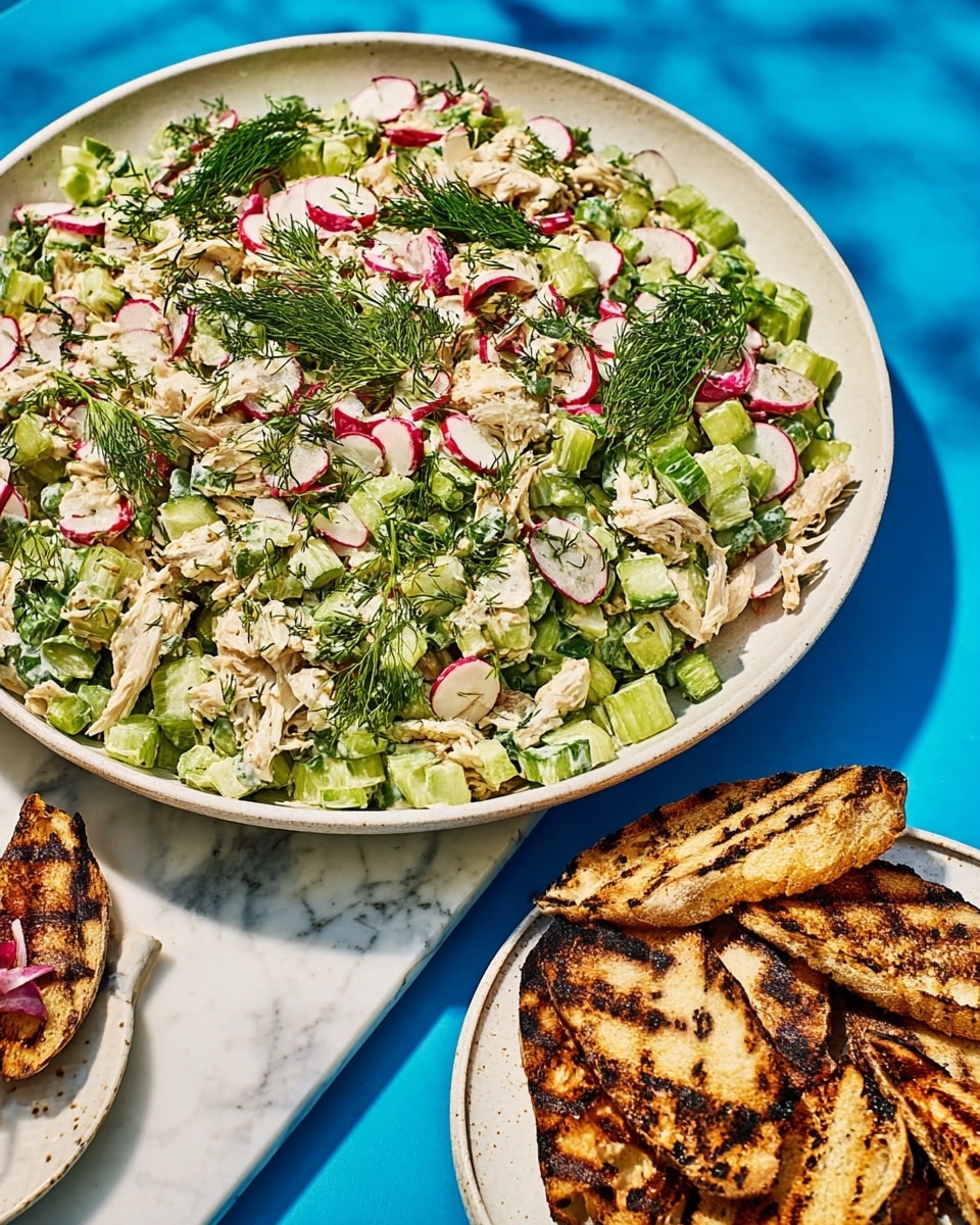 A large white plate filled with a colorful chicken salad shows shredded white chicken pieces mixed with chopped green celery and cucumber, small pink radish cubes, and fresh green dill sprinkled on top. To the right, on a smaller white plate, there are several toasted slices of bread with grill marks, showing a golden brown and slightly crispy texture. The background is a bright blue surface, and the plates sit on a white marbled texture that adds a clean and fresh look to the scene. Photo taken with an iphone --ar 4:5 --v 7