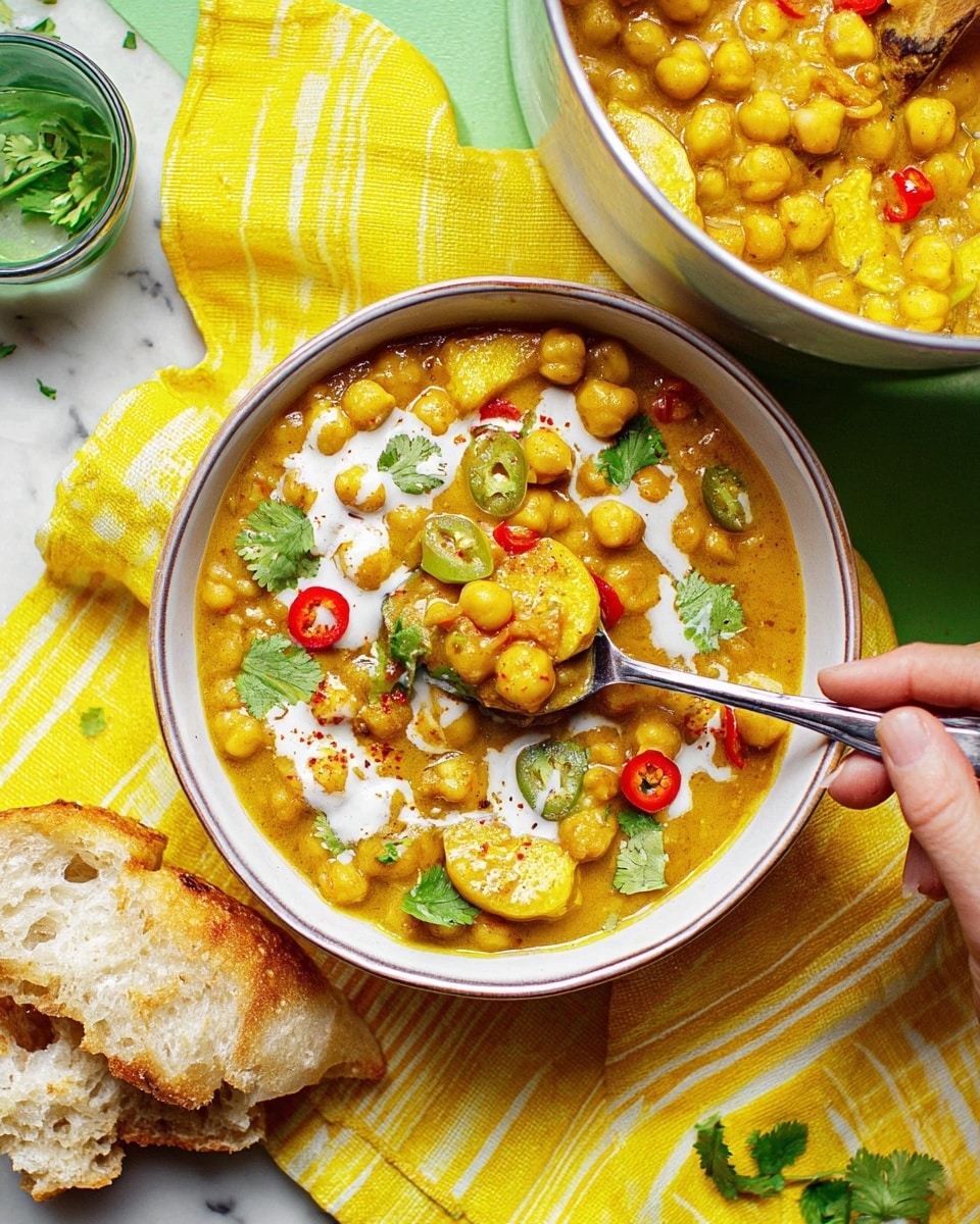 A close-up view of a white bowl filled with thick curry featuring yellow chickpeas and slices of yellow plantains, garnished with red and green chili peppers and fresh green cilantro leaves on top. White coconut cream swirls are visible across the curry surface. A silver spoon is dipped into the bowl from the right side, held by a woman's hand. Next to the bowl are two pieces of torn bread on a white marbled surface. Above this bowl, there is a larger white bowl with more of the same curry, with visible chickpeas and plantain slices. A glass with ice and lime slices is on the left. The background is a bright yellow cloth with a striped white and yellow cloth on the right. photo taken with an iphone --ar 4:5 --v 7