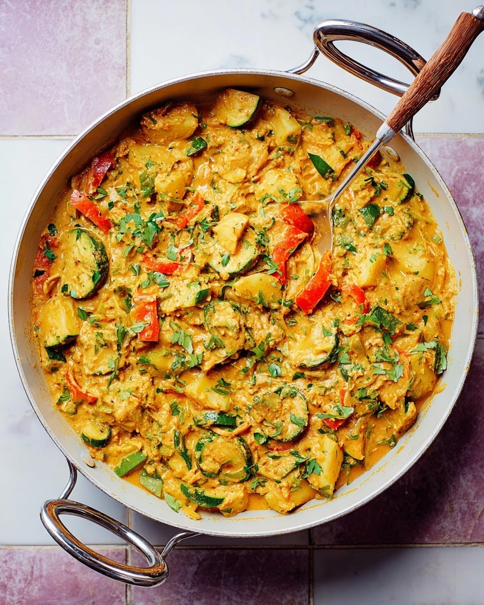 The image shows a shallow, white pan filled with a creamy, orange-brown vegetable curry. The curry has many pieces of cut vegetables in different colors and shapes, such as green zucchini slices, red bell pepper strips, and some orange carrot pieces, all mixed in a thick sauce. There are small green herb pieces scattered across the top, giving it a fresh look. A metal spoon with a wooden handle rests inside the pan on the right side. The pan has two silver handles, one on each side, and it sits on a white marbled surface. photo taken with an iphone --ar 4:5 --v 7