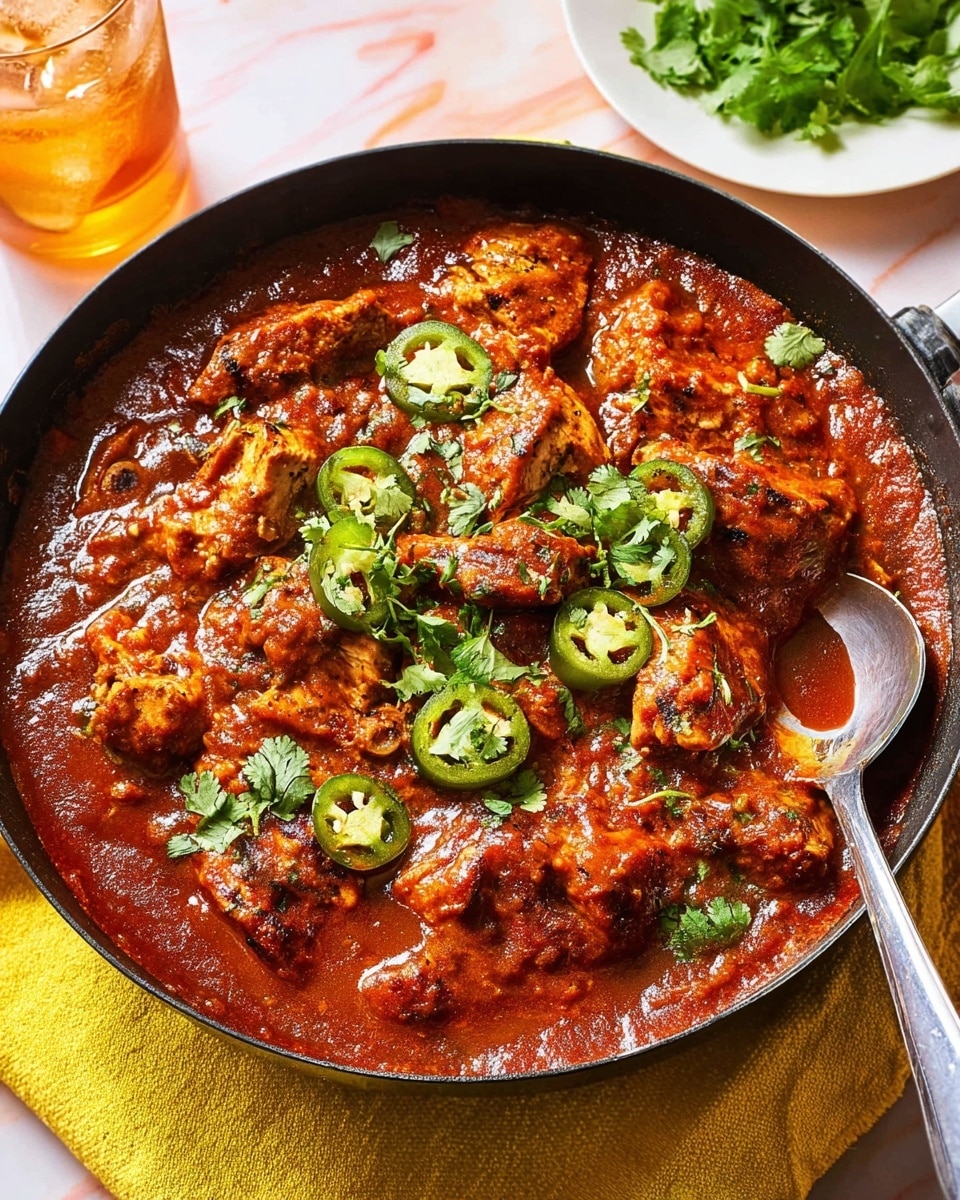 A skillet filled with a rich, bright red tomato-based sauce covers several grilled pieces of chicken lightly charred on the edges, creating a textured contrast. On top, fresh green sliced jalapeños and sprigs of cilantro add a fresh pop of color. The skillet is placed on a yellow cloth over a white marbled surface with a silver spoon resting inside the sauce. A white plate with fresh cilantro leaves sits blurred in the background, next to a glass of iced water. photo taken with an iphone --ar 4:5 --v 7