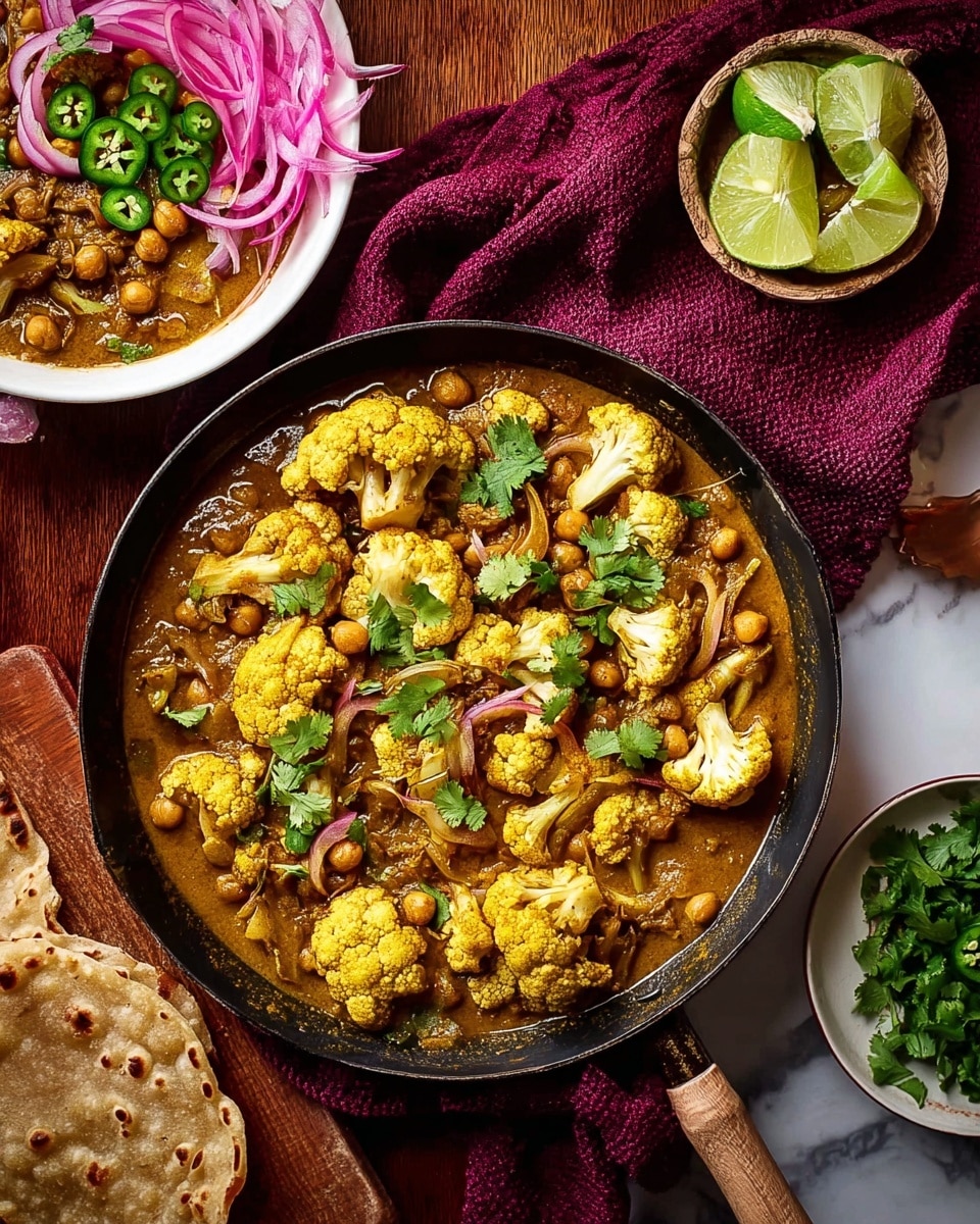A large pan filled with a cooked cauliflower and chickpea curry sits on a wooden board with a red cloth beneath it. The curry shows several large yellow cauliflower florets mixed with chickpeas and sliced onions in a creamy, lightly spiced sauce, garnished with green cilantro leaves scattered on top. Nearby, a white bowl contains lime wedges, and another white bowl holds pickled red onion slices. A small white dish has sliced green chili peppers and more cilantro. In front of the pan is a small white bowl with a serving of the curry topped with pickled onions and green chili slices next to a stack of round, thin, light brown flatbreads. The entire scene is set on a white marbled textured surface. photo taken with an iphone --ar 4:5 --v 7