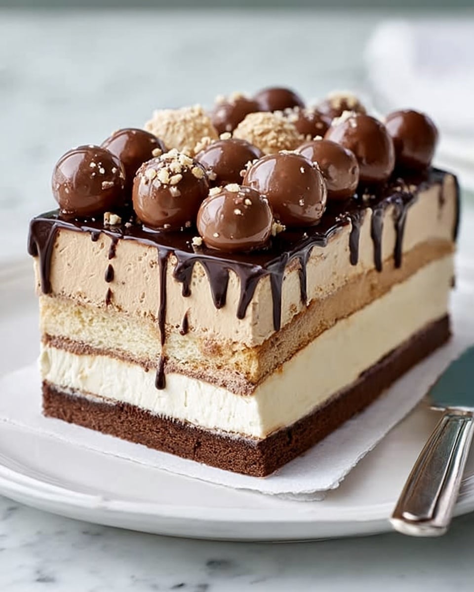 The image shows a rectangular layered dessert with five visible layers. Starting from the bottom, there is a thick creamy white layer followed by a dark chocolate layer with a glossy texture. Above that is a light brown layer, then another white creamy layer, and finally a top light brown layer covered with a smooth chocolate drizzle that flows slightly down the side. On top, there are several round chocolate balls, some whole and some halved, revealing a crunchy inside. The dessert sits on a white marbled surface, with a silver knife placed to the right. Photo taken with an iphone --ar 4:5 --v 7