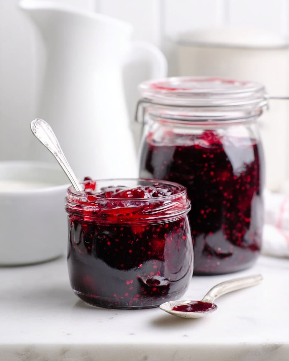 The image shows two clear glass jars filled with dark red berry jam, with visible chunks of fruit inside. The smaller jar is in the front and slightly open, with a silver spoon resting on its rim, loaded with jam. Behind it is a larger jar, fully closed with a clear lid. To the left, there is a white milk jug with a metal spout and a part of a white bowl is also visible. All items sit on a white marbled surface against a bright white background, creating a clean and fresh look. Photo taken with an iphone --ar 4:5 --v 7