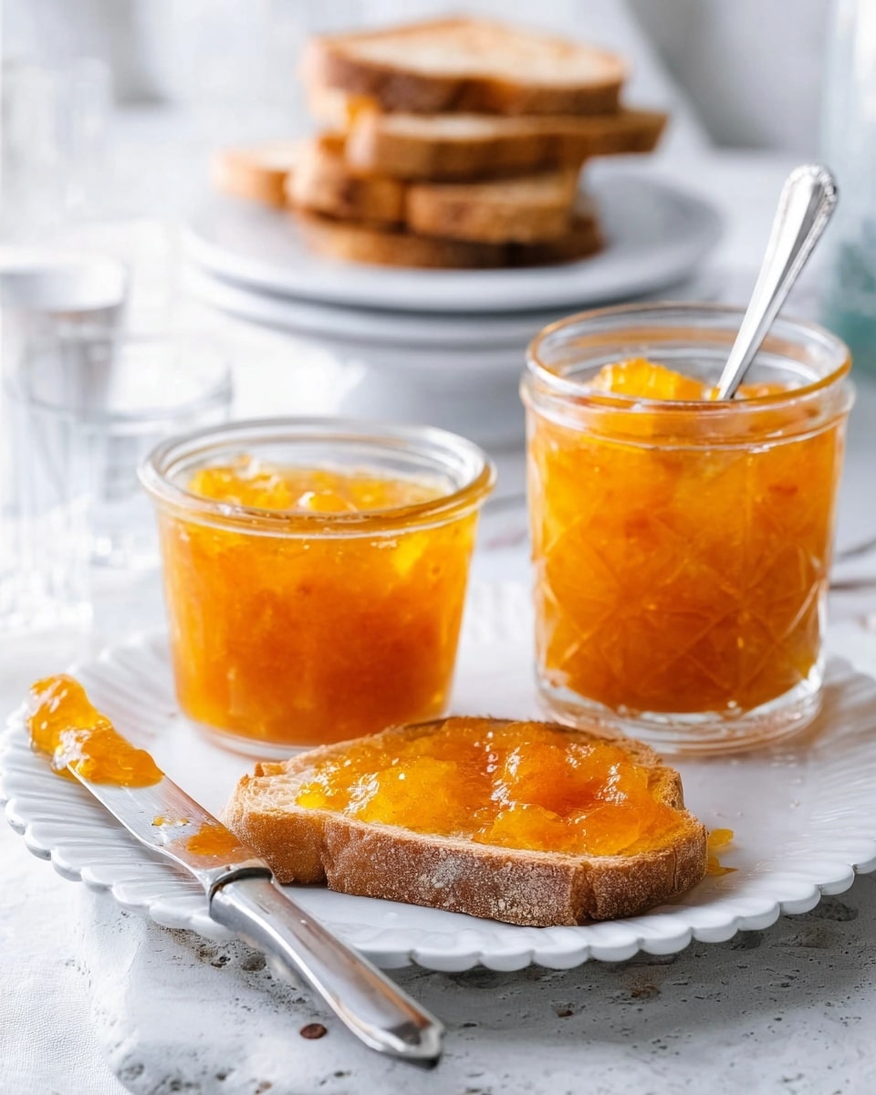 The image shows two clear glass jars full of bright orange marmalade with chunky pieces floating inside, sitting on a white plate with a scalloped edge. One jar has a spoon inside, standing upright. In front of the jars, there is a slice of brown toasted bread spread with the same chunky orange marmalade. A silver knife lies next to the toast on the plate. In the blurred background, there is a stack of toasted bread slices on a white plate and another jar of marmalade, all placed on a white marbled surface. Photo taken with an iphone --ar 4:5 --v 7