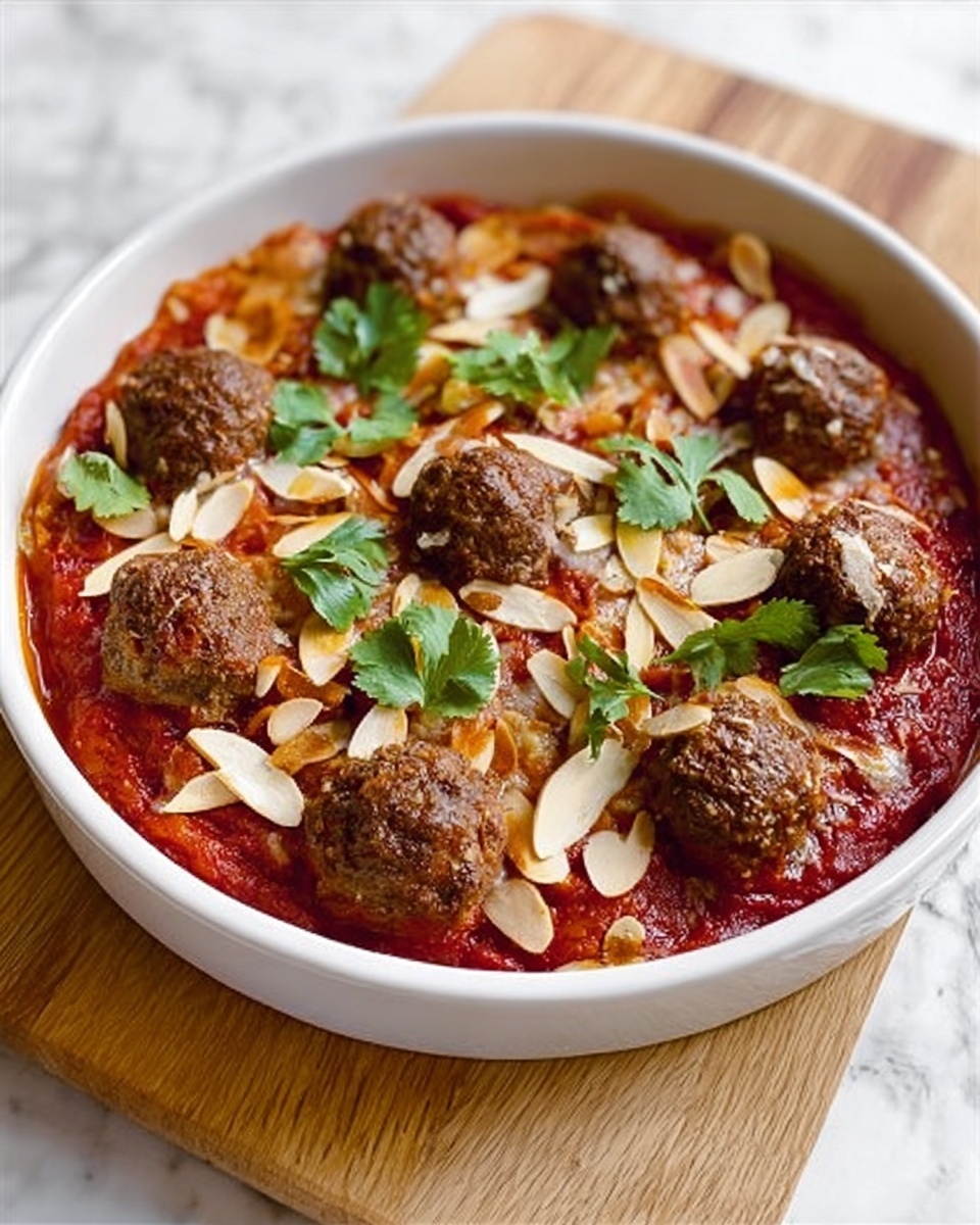 The dish is served in a white bowl with two small handles on the sides, placed on a light wooden board over a white marbled surface. Inside, there are about eight round meatballs scattered evenly, sitting on a thick, rich red tomato sauce that covers the bottom layer. The sauce contains chunks of cooked vegetables with a soft texture. Sliced toasted almonds and fresh green cilantro leaves are sprinkled generously on top, adding a mix of crunchy and leafy textures, with the green and light brown colors contrasting with the deep red sauce and brown meatballs. Photo taken with an iphone --ar 4:5 --v 7