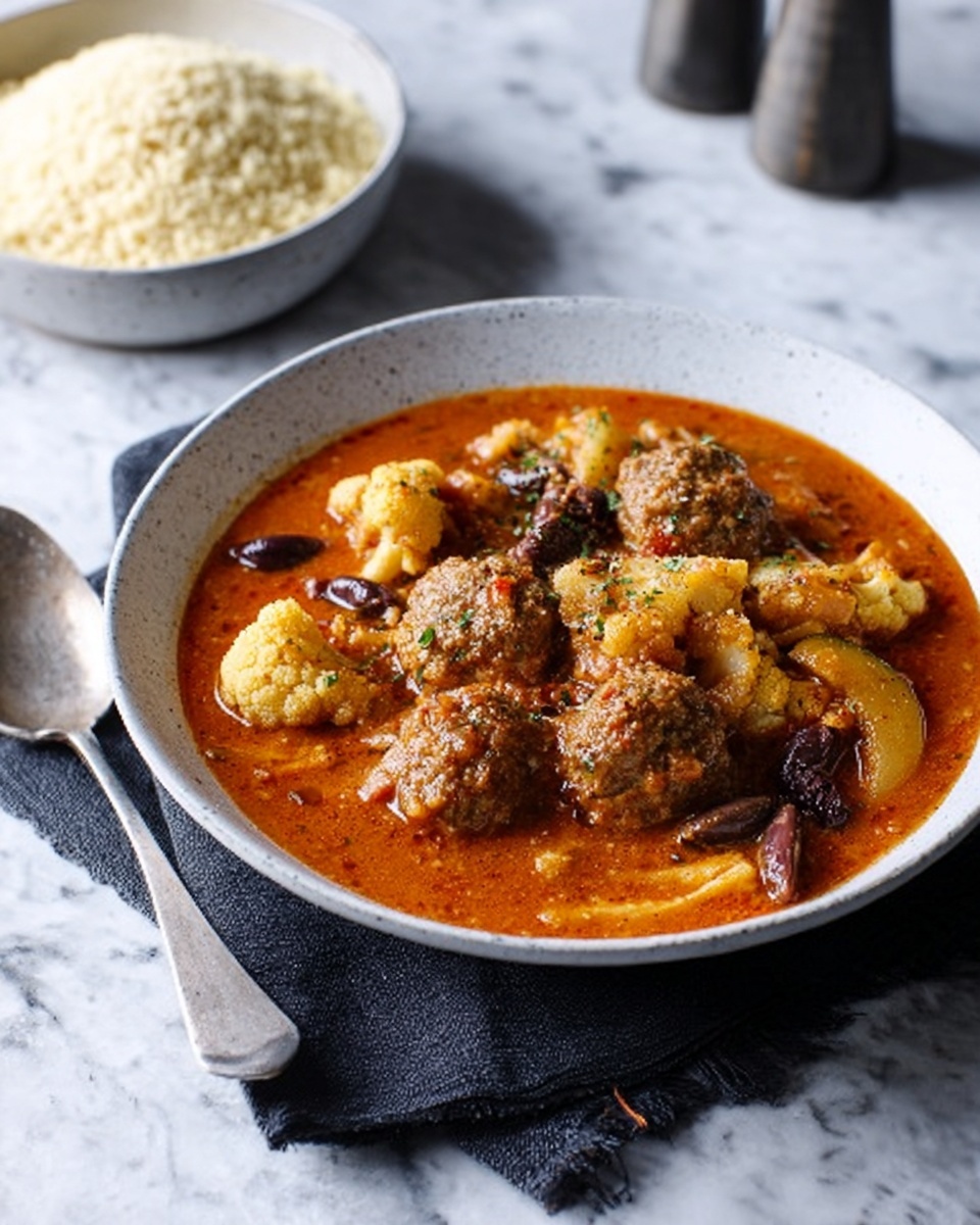 A white speckled bowl sits on a white marbled surface, filled with a rich, orange-red sauce that holds several brown meatballs and pale yellow chunks of cauliflower. Dark olives are scattered throughout the thick sauce, adding contrast. Behind the bowl, a white plate holds a mound of fluffy white couscous, slightly blurred to keep focus on the main dish. A dark cloth napkin lies folded to the left side of the bowl, and a dark spoon rests on the marbled surface to the right of the bowl. Photo taken with an iphone --ar 4:5 --v 7