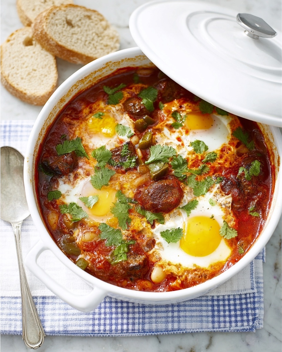 A white bowl filled with a thick, chunky tomato sauce base in deep red, layered with cooked eggs showing bright yellow yolks and white cooked egg whites scattered on top. The sauce has visible green herbs and pieces of vegetables or meat mixed within, and fresh green cilantro leaves are placed on the top layer. The bowl is slightly covered with a white lid being lifted by a woman's hand. The bowl sits on a white cloth over a blue and white checkered cloth, with two pieces of crusty bread and a shiny silver spoon beside it on a white marbled surface. Photo taken with an iphone --ar 4:5 --v 7