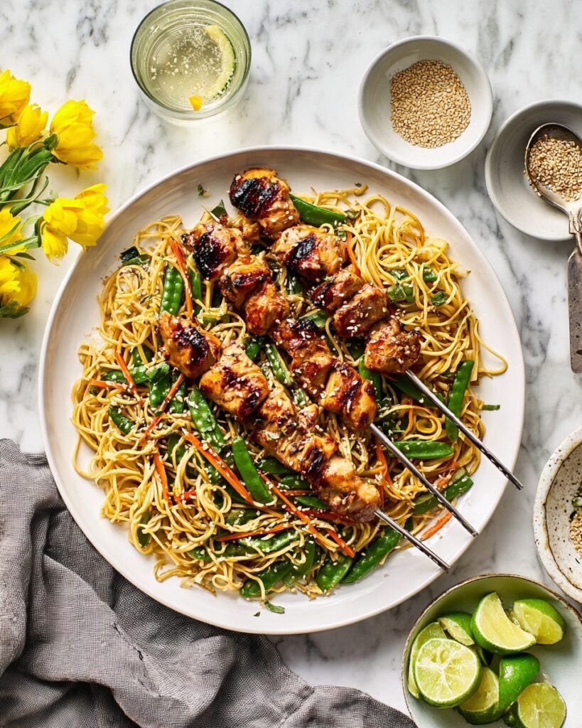 Sticky Ginger & Honey Chicken Skewers with Noodle Salad Recipe