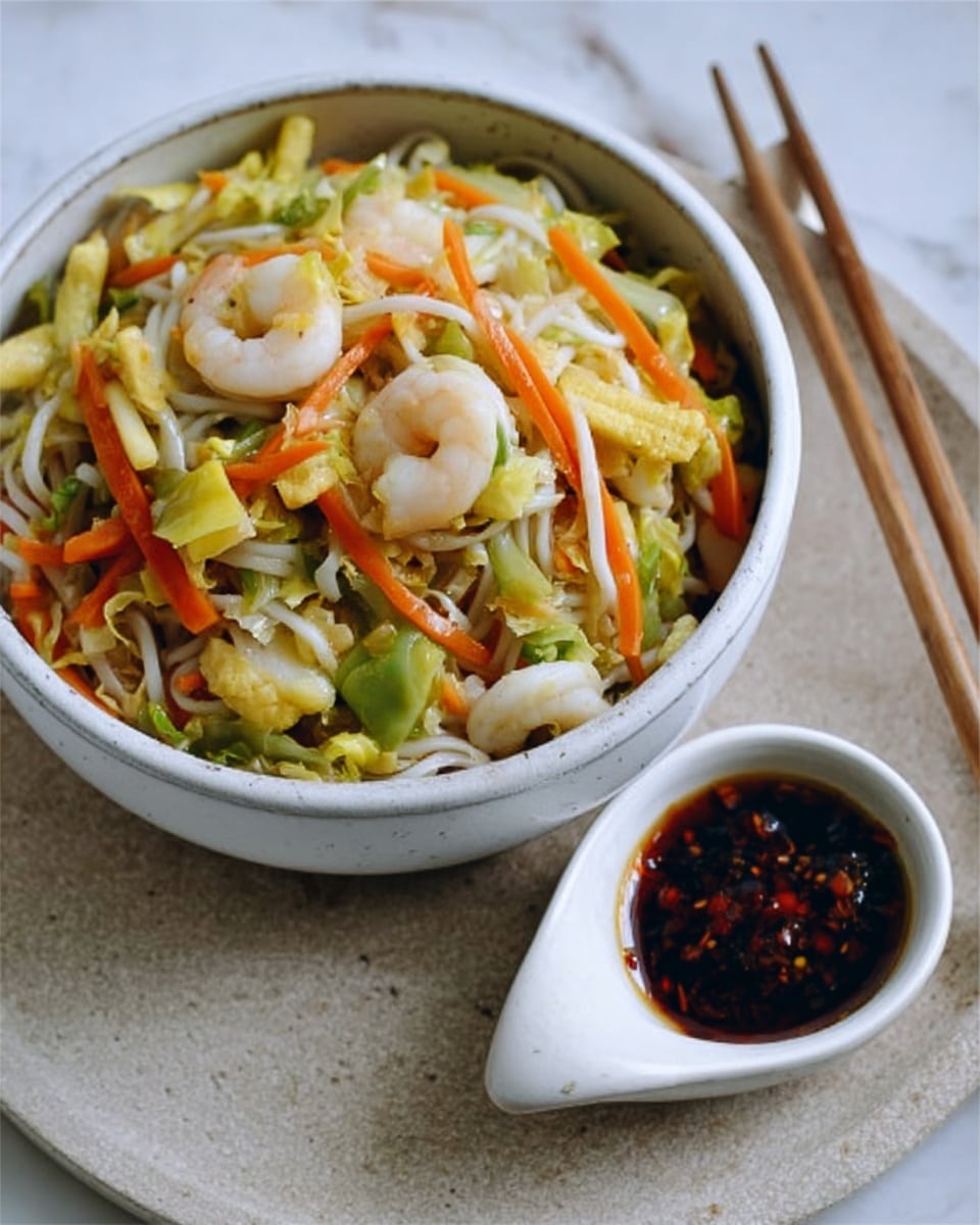 A white bowl filled with a colorful noodle dish containing several layers: at the bottom, long white noodles mixed with small pink shrimp, bright orange carrot slices, pale yellow strips, and light green cabbage pieces. The noodles and vegetables look soft and slightly shiny. On the right side of the bowl, a pair of wooden chopsticks rests against the edge and a small white bowl with a dark, thick sauce sits nearby on a white marbled surface. photo taken with an iphone --ar 4:5 --v 7