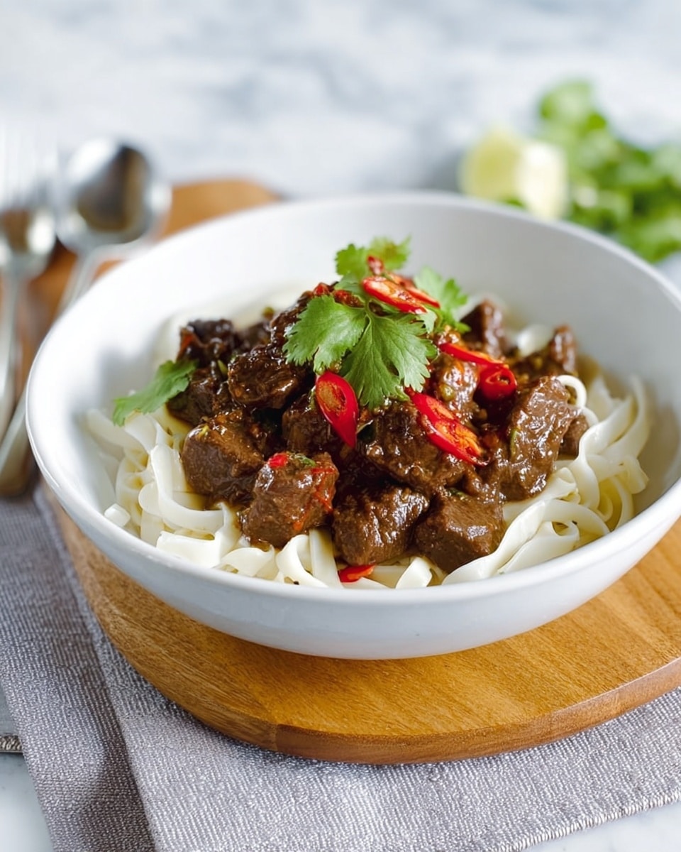 The image shows a white bowl filled with white wide flat noodles at the bottom layer, topped with dark brown pieces of cooked meat covered in a thick sauce. There are thin slices of red chili peppers and small green cilantro leaves scattered over the meat. The bowl is placed on a light wooden tray with a beige cloth napkin with black stitching underneath, and two forks are resting on the tray beside the bowl. The background is a white marbled surface with bowls and lime slices slightly blurred in the back. Photo taken with an iphone --ar 4:5 --v 7