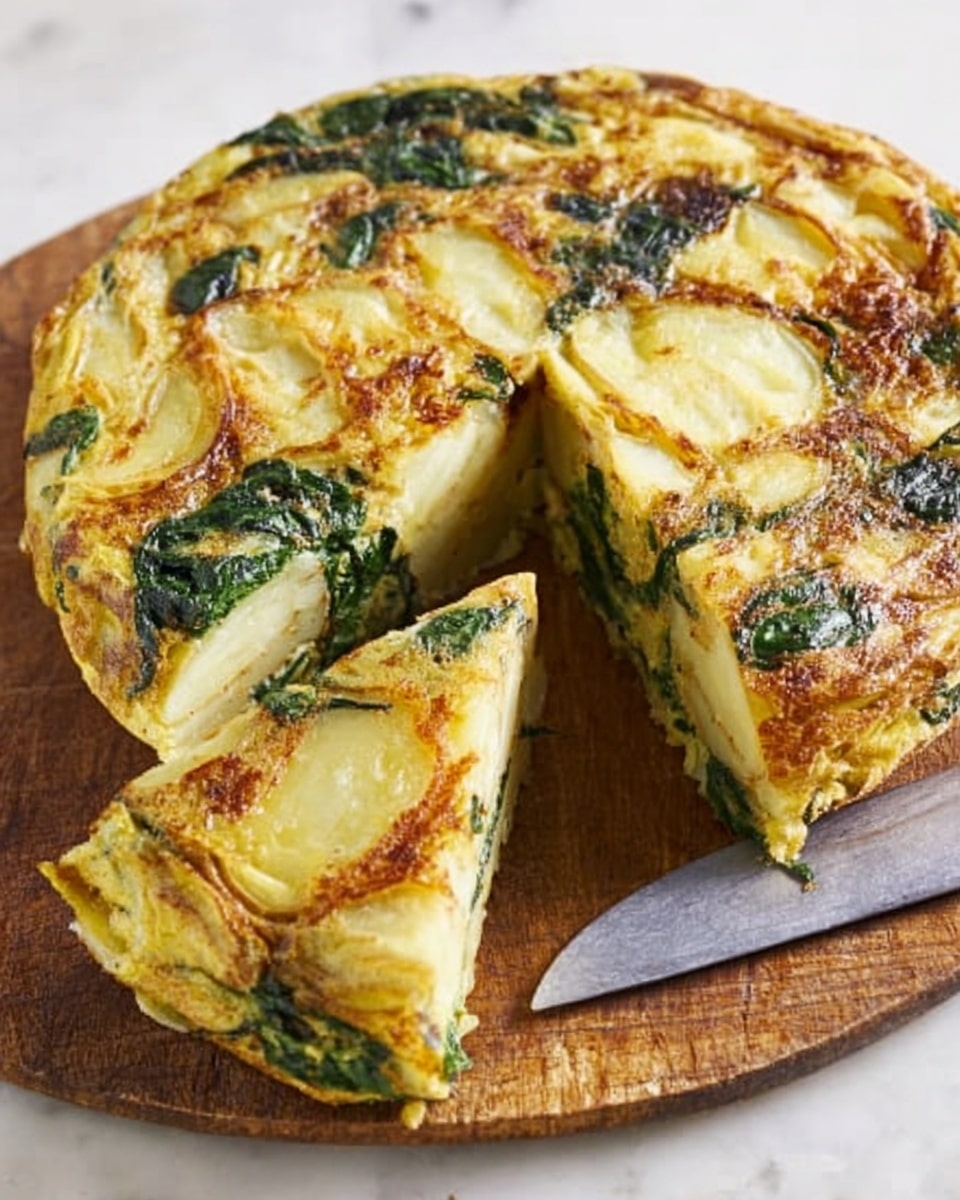 The image shows a round, thick frittata with visible layers of golden-brown cooked eggs mixed with wilted dark green spinach and slices of light yellow potatoes. One wedge-shaped slice is cut and slightly pulled away, showing the inside with a soft, creamy texture and layered greens and potatoes spread evenly throughout. The frittata rests on a wooden cutting board placed on a white marbled surface. A large kitchen knife with a shiny metal blade lies next to the frittata. Photo taken with an iphone --ar 4:5 --v 7