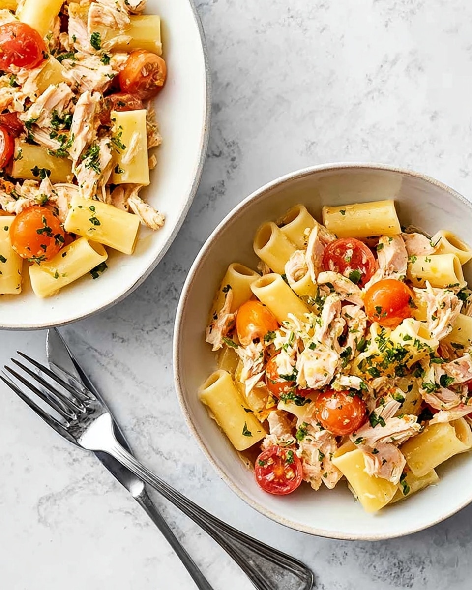 The image shows two white bowls filled with a creamy pasta dish. The pasta pieces are large, tube-shaped with ruffled edges, pale yellow in color, coated with a creamy light sauce. Mixed in are chunks of pinkish cooked chicken and halved cherry tomatoes of red and orange hues. On top, fresh green herbs are sprinkled, adding bright green flecks all over. The bowls are set on a white marbled surface with two silver forks placed next to one bowl. The overall look is fresh and inviting. Photo taken with an iphone --ar 4:5 --v 7