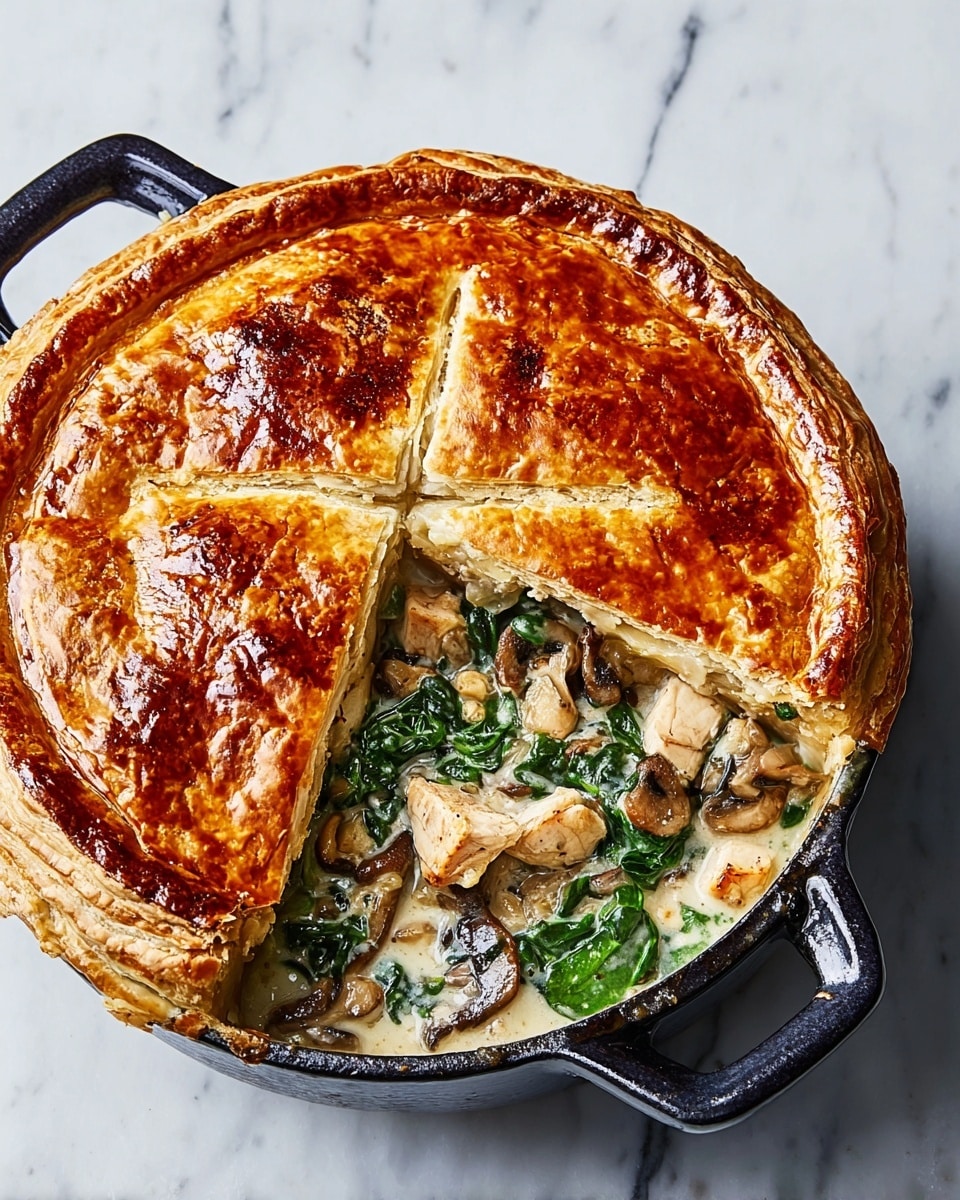 A round pot pie with golden brown, flaky crust partially cut open revealing the inside layers; the top crust is shiny with a slightly raised star-shaped vent. Underneath, the filling shows creamy sauce mixed with cooked spinach leaves and sliced brown mushrooms, along with chunks of light-colored cooked chicken. The pot is black with handles, placed on a white marbled surface with some scattered herbs. photo taken with an iphone --ar 4:5 --v 7