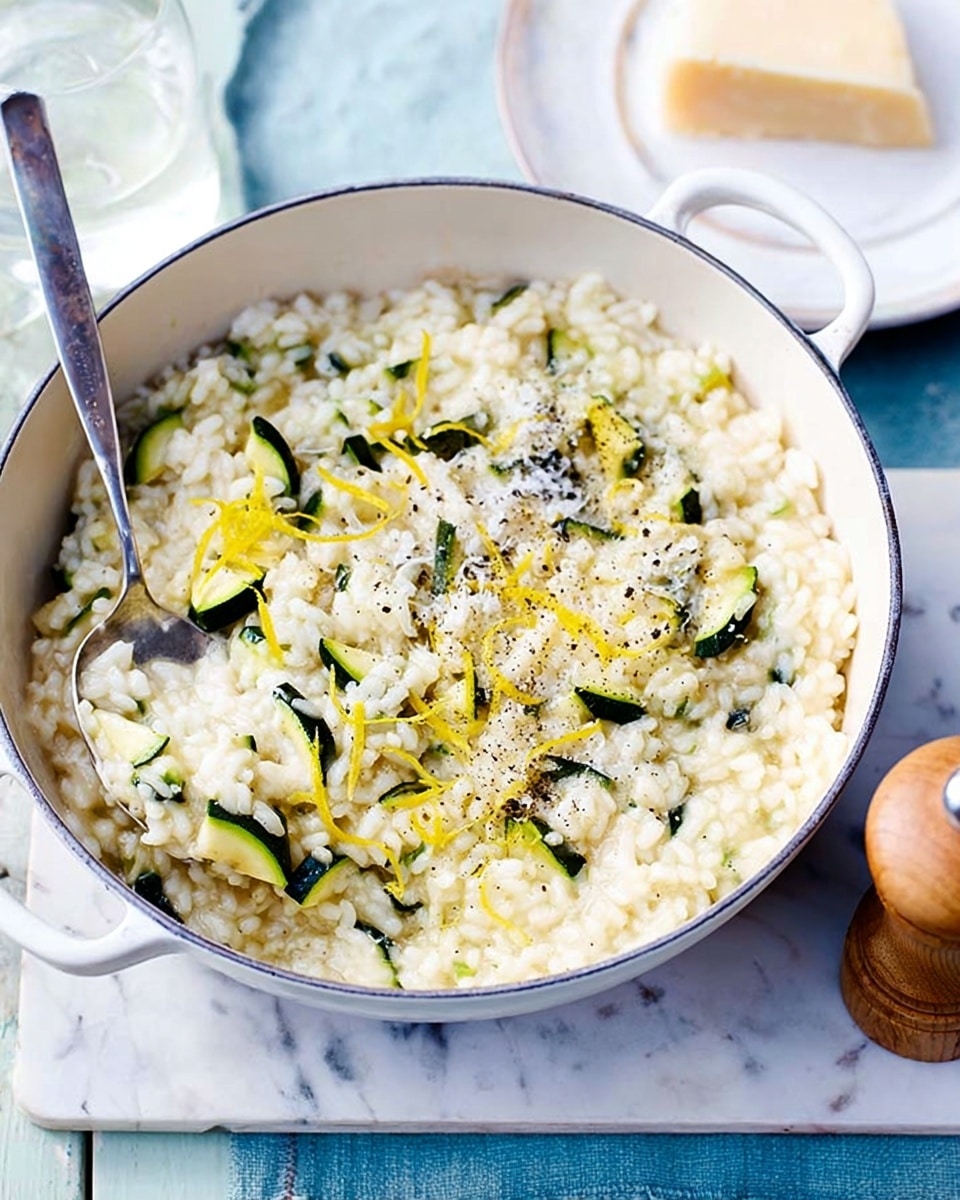 A metal pot filled with creamy risotto that has visible chunks of green zucchini and thin yellow lemon peel strips mixed throughout. The risotto is creamy white with a soft, slightly wet texture, dotted with small green and yellow pieces for color. The pot is placed on a light blue and white cloth on a white marbled surface, with a silver spoon resting inside, scooping some risotto. The background includes a pepper grinder and some stacked white plates on the side. photo taken with an iphone --ar 4:5 --v 7