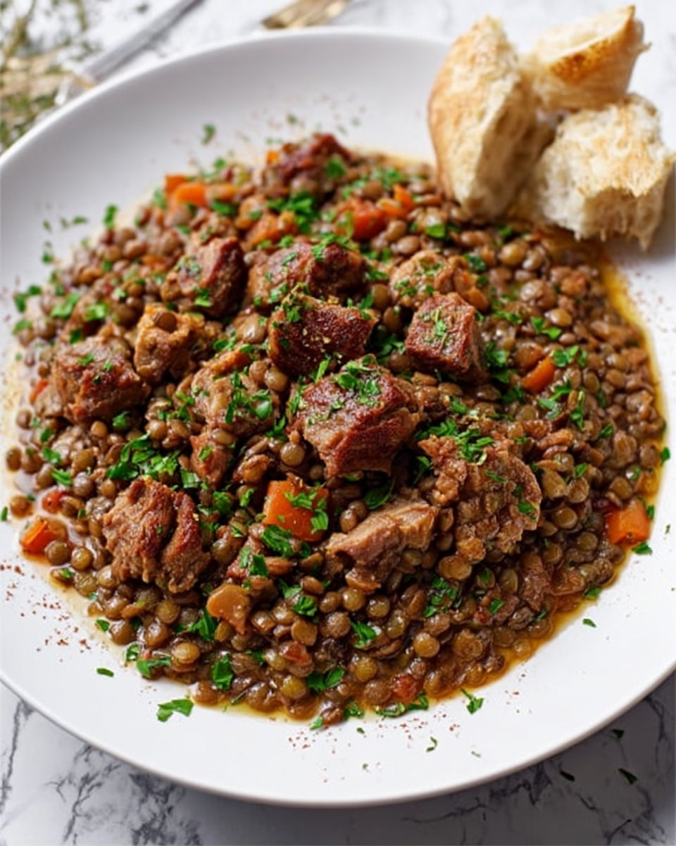 The image shows a white plate filled with a thick stew made of small greenish-brown lentils mixed with chunks of cooked meat and small pieces of orange carrot. The stew has a moist, slightly oily texture with some herbs sprinkled on top for garnish. On the right side of the plate, pieces of torn bread rest on the white marbled surface. The overall colors are earthy with green, brown, orange, and red tones from the ingredients, creating a warm and hearty look. Photo taken with an iphone --ar 4:5 --v 7