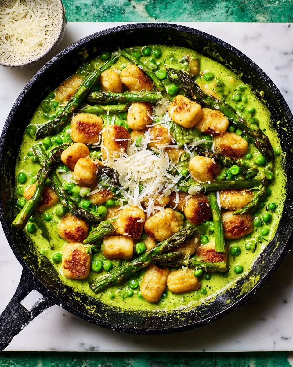 A black cast iron pan is filled with a vibrant green sauce as the bottom layer, which looks creamy and textured with small green peas mixed in. On top of the sauce, there are five long, bright green asparagus spears placed evenly around the pan. Over the asparagus and sauce, there is a layer of golden brown, crispy gnocchi pieces piled in the center, each piece showing a slightly browned crust. Finally, thin white shavings of cheese are sprinkled on the gnocchi layer, adding a contrasting light texture. The pan rests on a white marbled texture surface, with a small white bowl filled with extra cheese shavings placed nearby. Photo taken with an iphone --ar 4:5 --v 7