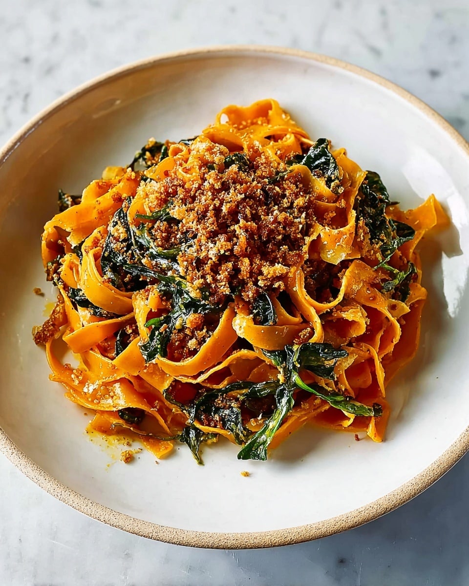 A white plate holds a serving of flat, wide pasta noodles arranged loosely in a mound. The noodles are coated in a reddish-orange sauce, giving them a warm color. Mixed in with the pasta are strips of dark green, leafy vegetables scattered throughout. On top, there is a textured crumb-like topping with a light brown and green color, adding a crunchy appearance. The background features a white marbled texture. photo taken with an iphone --ar 4:5 --v 7