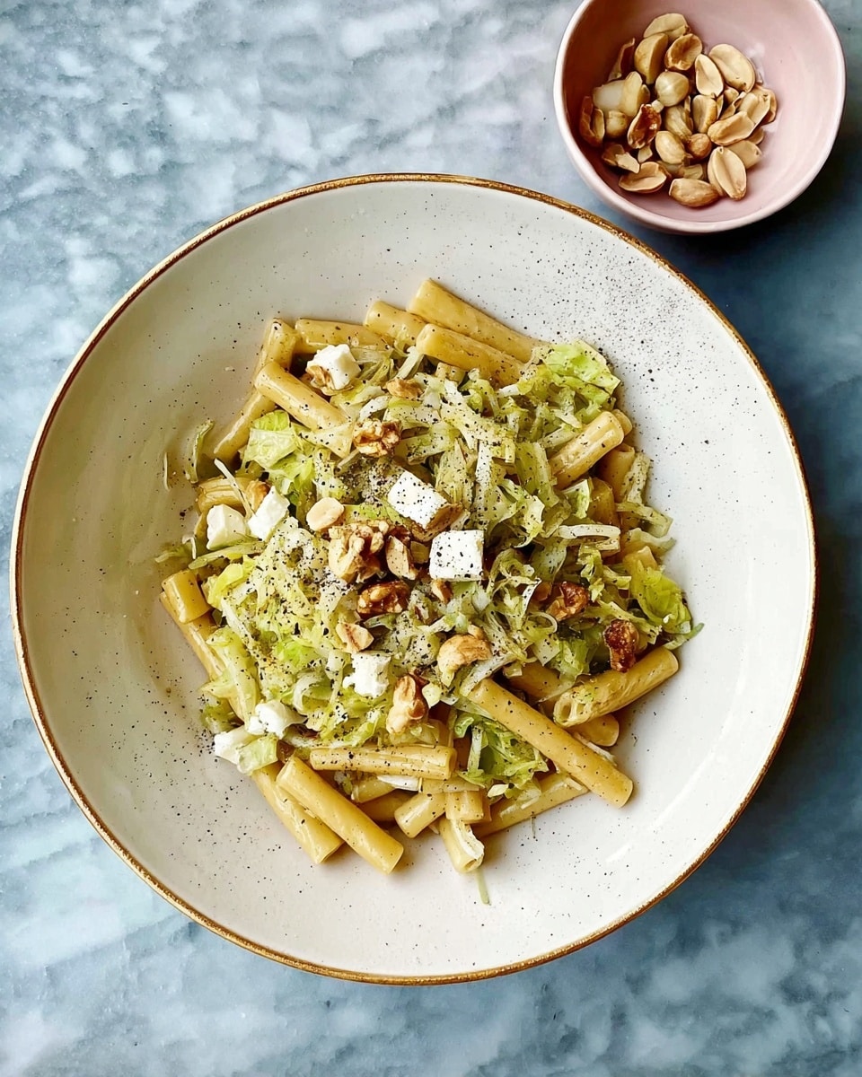 A white bowl holds a dish with two main layers: the base layer consists of short, pale yellow pasta mixed with light green shredded vegetables, all cooked to a soft texture, scattered with small brown pieces that look like nuts. On top, there are uneven small chunks of white cheese sprinkled with a light dusting of black pepper. The bowl sits on a dark blue surface, and next to it is a small pink dish with thin dry slices, possibly almond or nut flakes. photo taken with an iphone --ar 4:5 --v 7