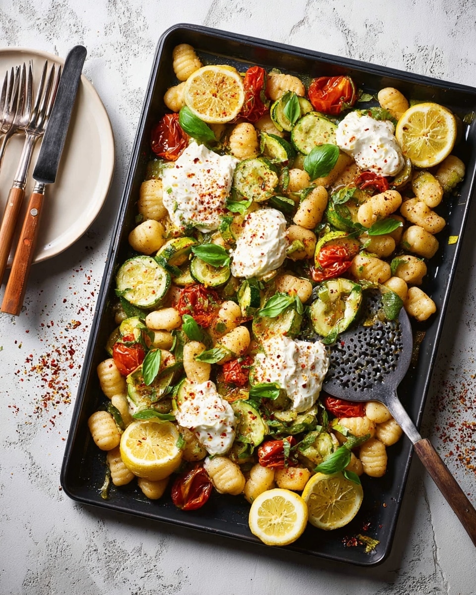 A dark rectangular tray filled with a colorful mix of small, round gnocchi in light golden brown, scattered with bright green zucchini slices and soft red tomato pieces. On top, there are several dollops of white creamy sauce with some red chili flakes and fresh green basil leaves spread evenly. Around the edges, there are lemon wedges placed on the dish. A silver serving spoon with a dark handle rests on the right side of the tray. Beside the tray, there is a small stack of white plates with wooden-handled forks and knives on a white marbled surface. photo taken with an iphone --ar 4:5 --v 7